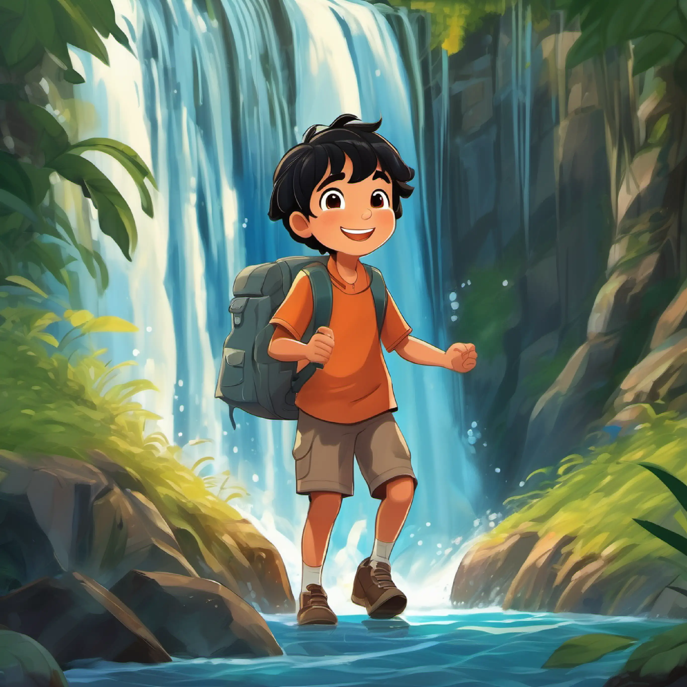 A happy 7-year-old boy, with black hair and brown eyes discovers a secret path behind the waterfall.
