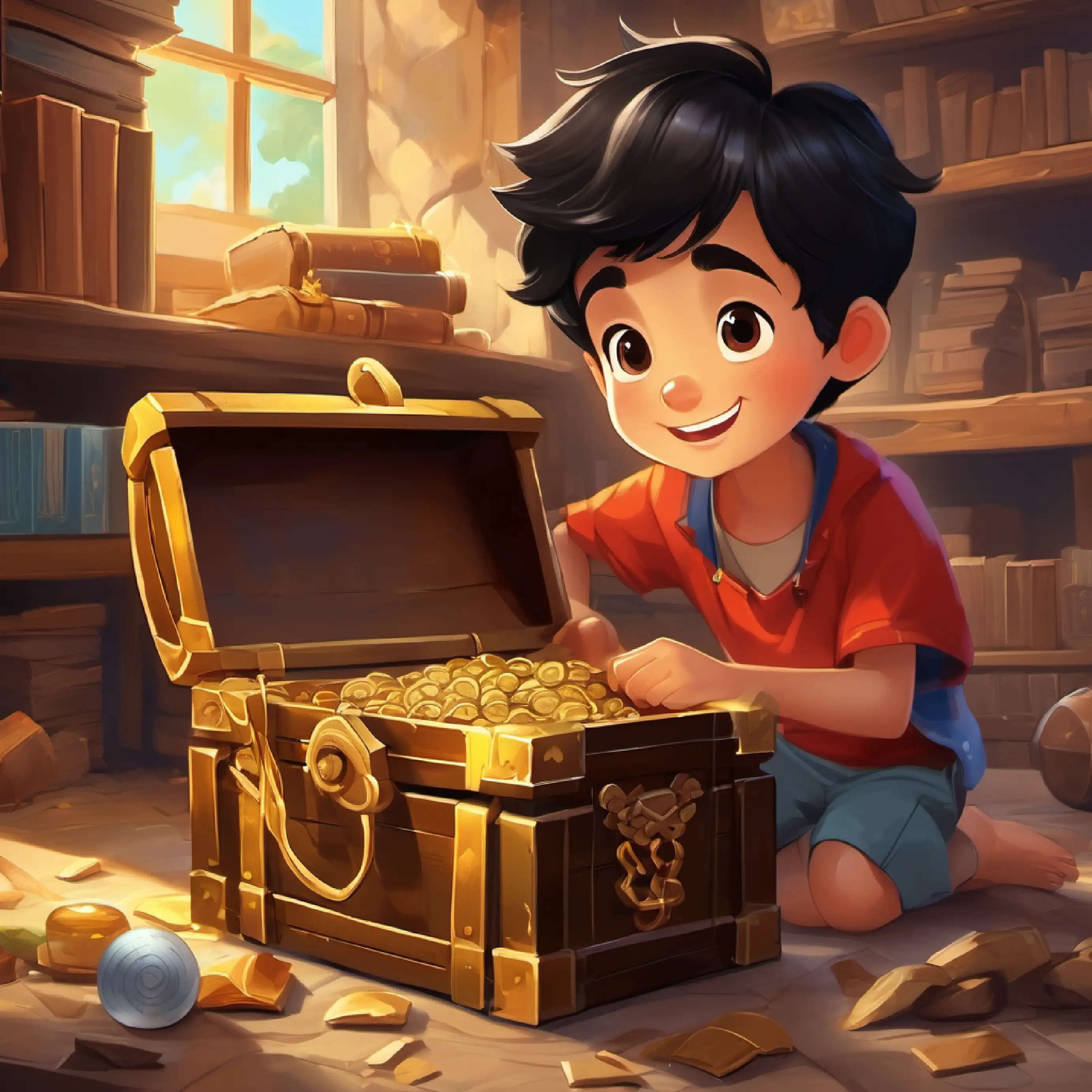 A happy 7-year-old boy, with black hair and brown eyes finds a treasure chest with a special dictionary inside.