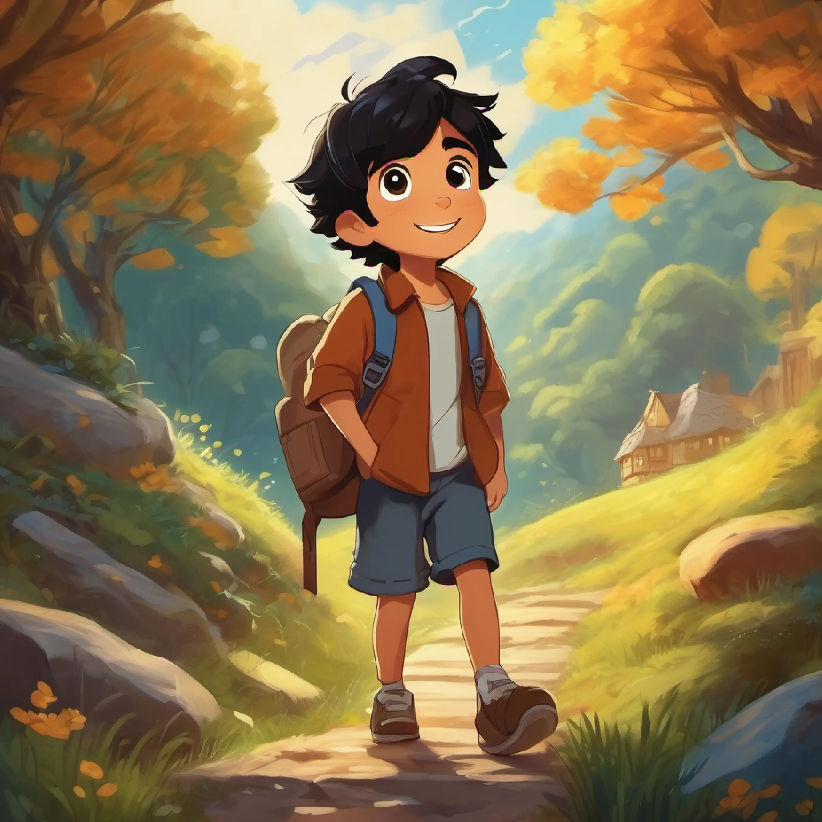 A happy 7-year-old boy, with black hair and brown eyes's adventure ends with dreams of new friends and words.