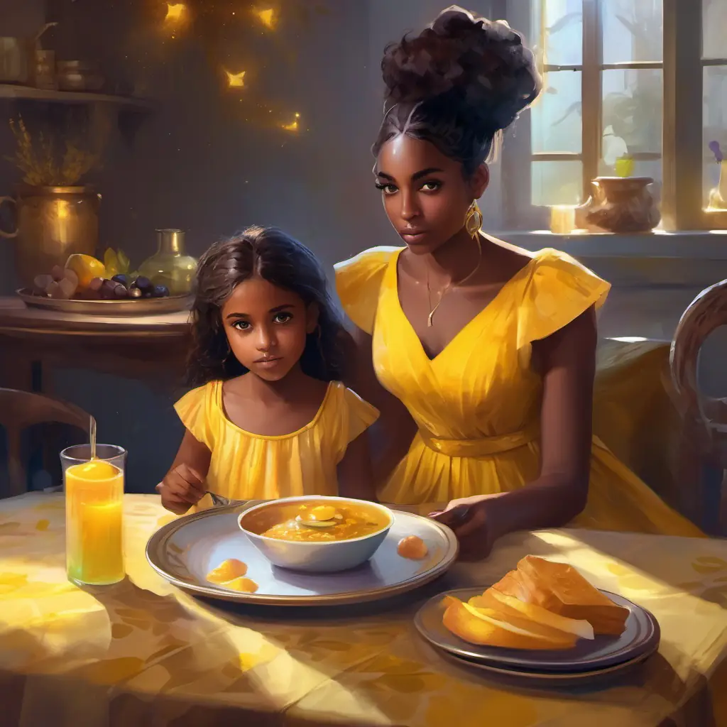 Curious girl with brown skin and dark eyes, wearing a yellow dress eating breakfast with her mom.