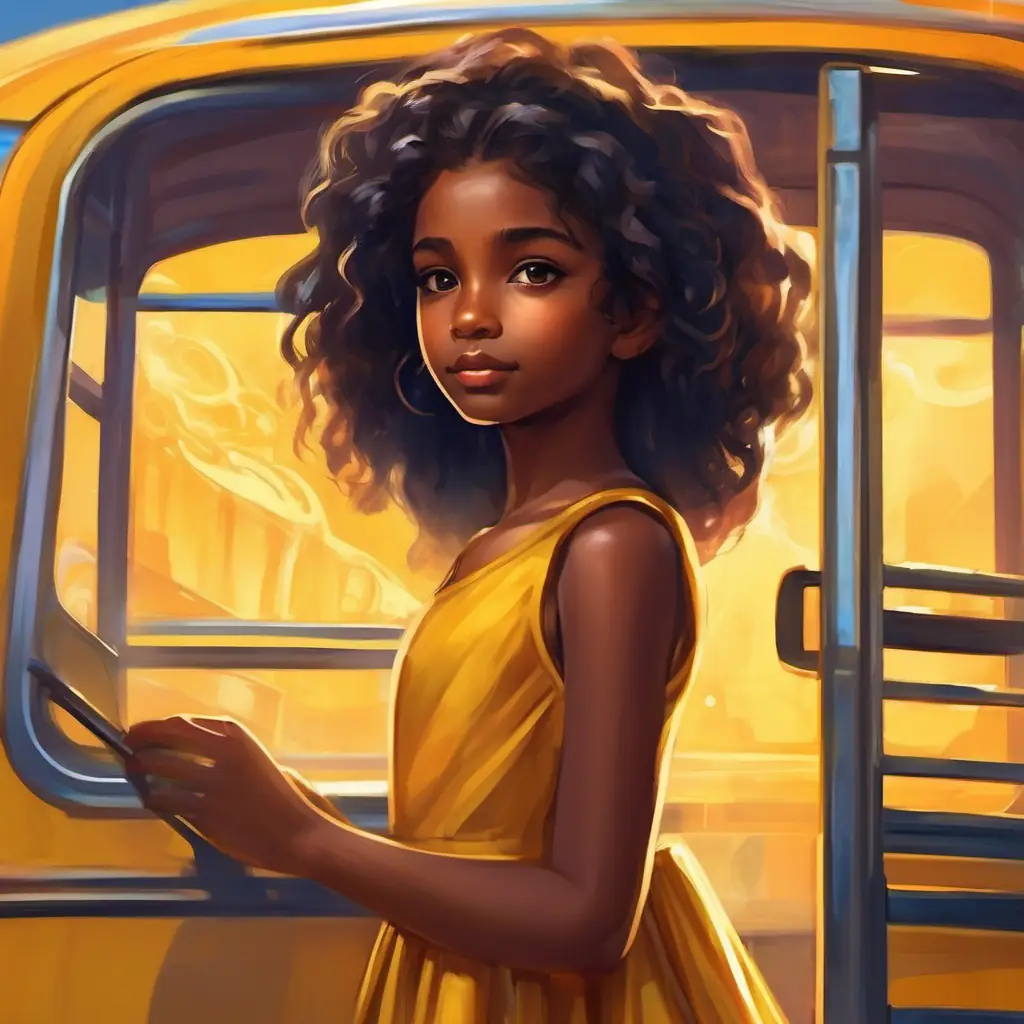 Curious girl with brown skin and dark eyes, wearing a yellow dress boarding the school bus.