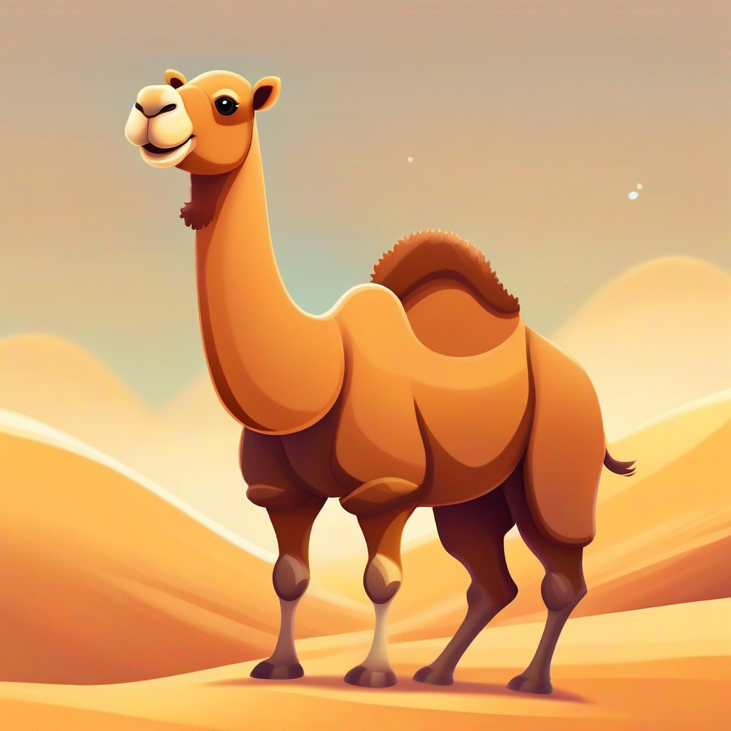 Cute, brown camel with a friendly smile smiling in front of a sandy dune