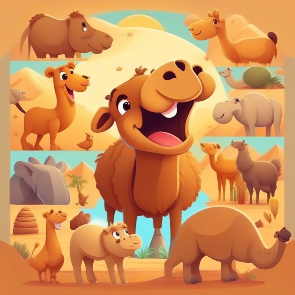 Cute, brown camel with a friendly smile surrounded by different desert animals, all saying 'Good Morning!'