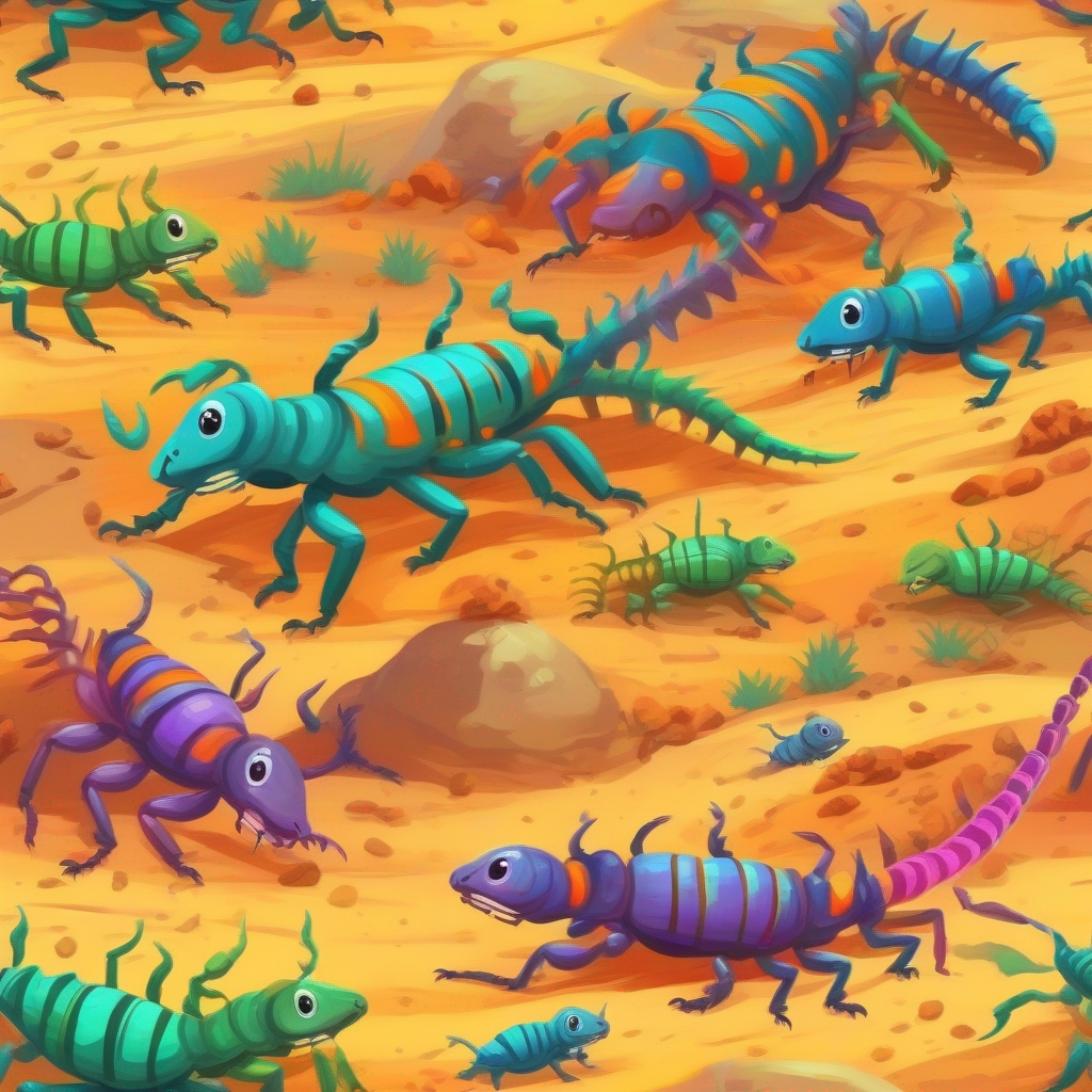 Colorful Colorful scorpions crawling in the sand and Tiny lizards waking up from their burrows coming out of their burrows