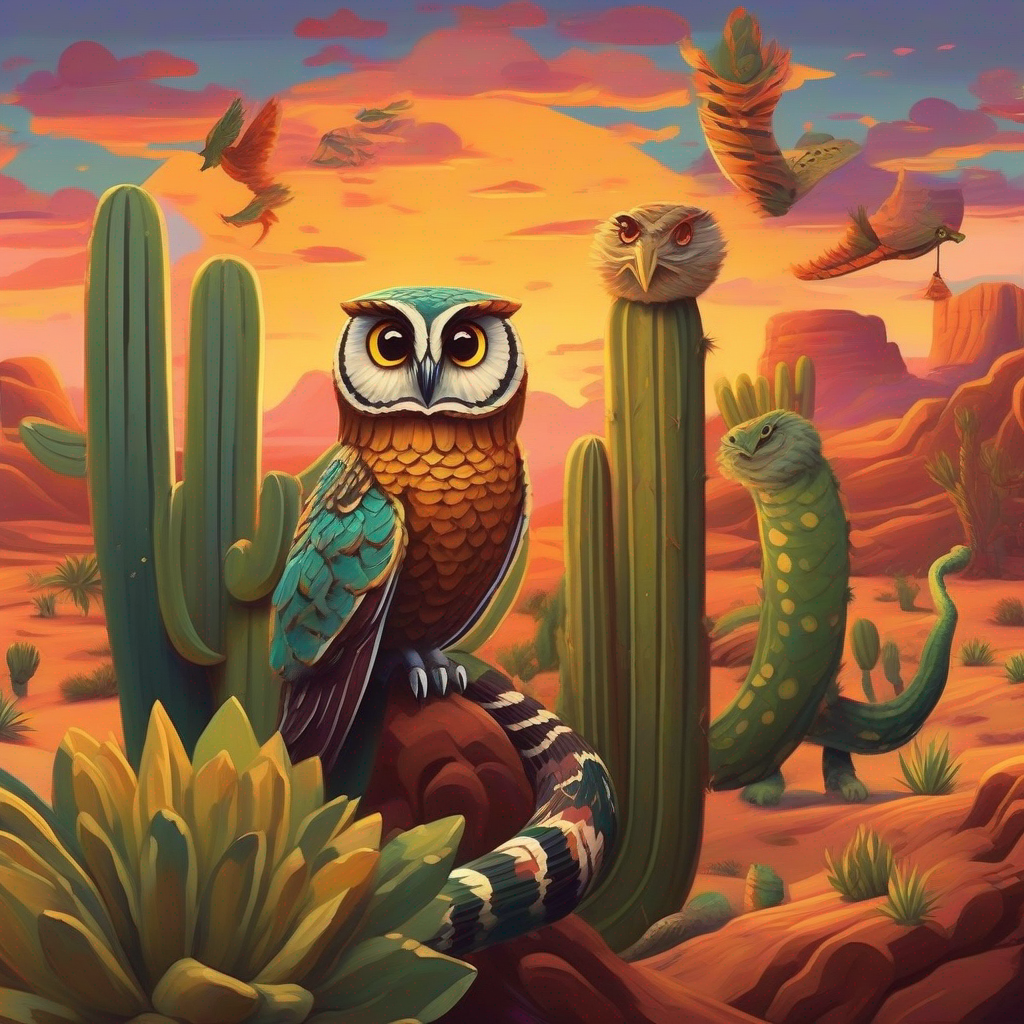 Slithering Slithering snakes hissing in the desert and hooting Wise owls perched on cacti, chirping