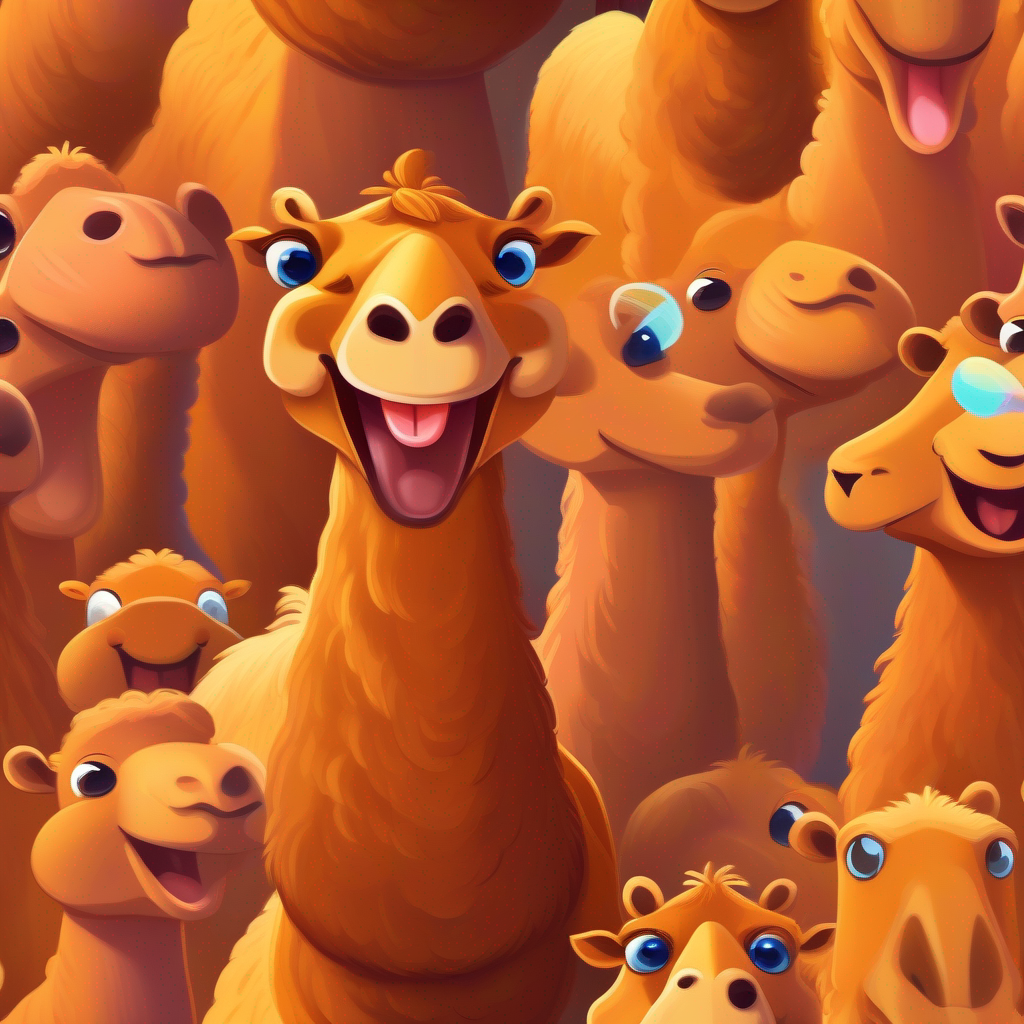 Cute, brown camel with a friendly smile rallying her friends, all energetic and happy