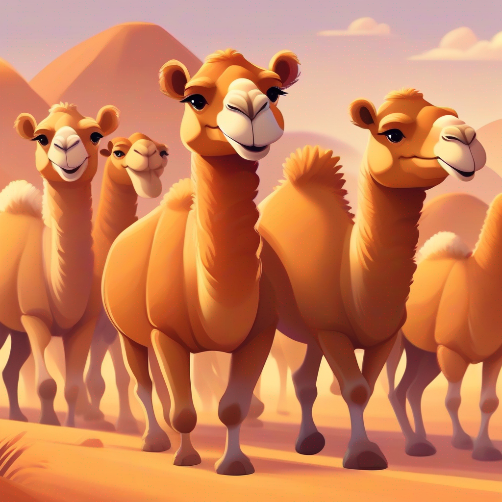 Cute, brown camel with a friendly smile leading her friends in a line, all smiling and happy