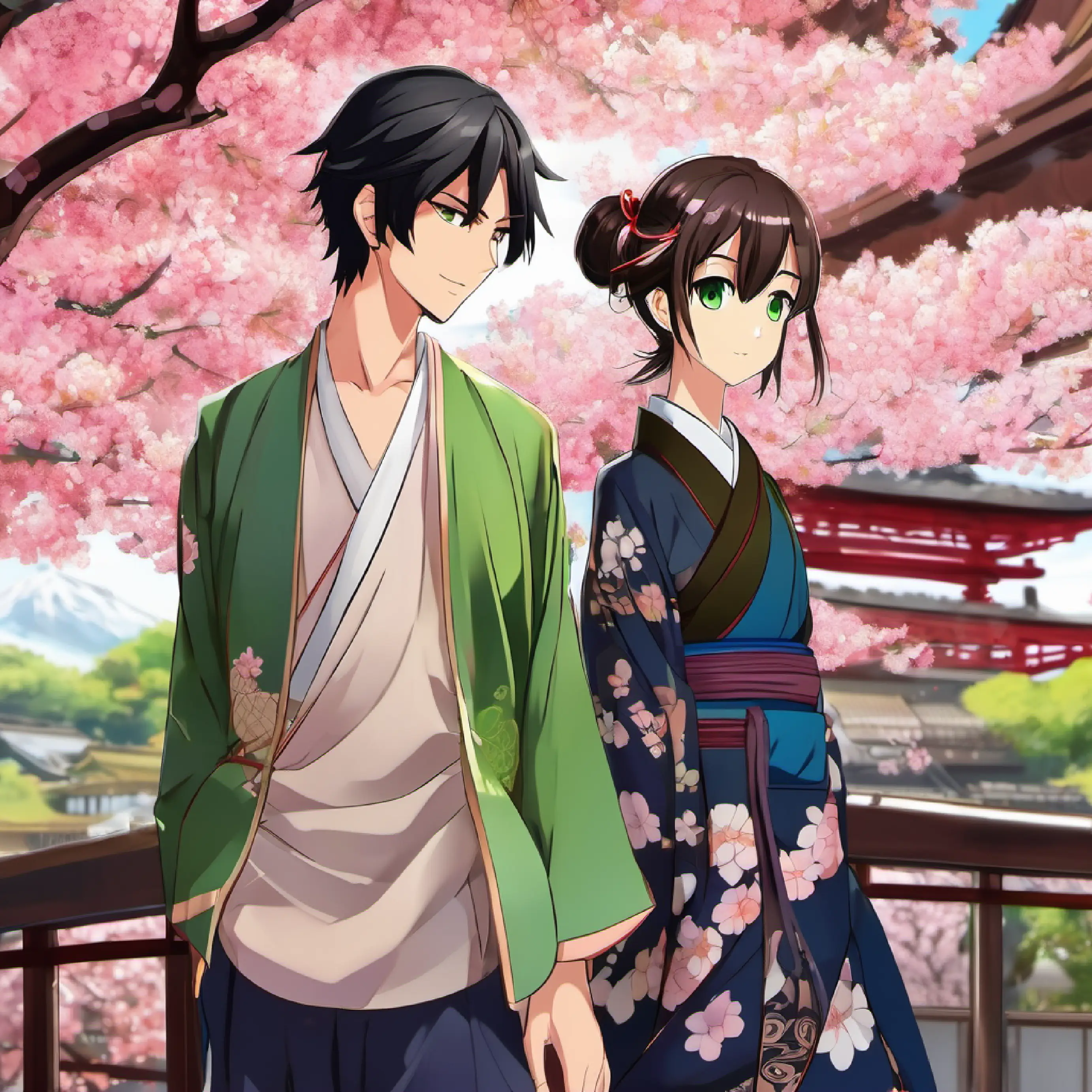 Kyoto, Black hair, brown eyes, curious and adventurous boy and Brown hair, green eyes, kind and inquisitive girl, temples, sushi, cherry blossoms