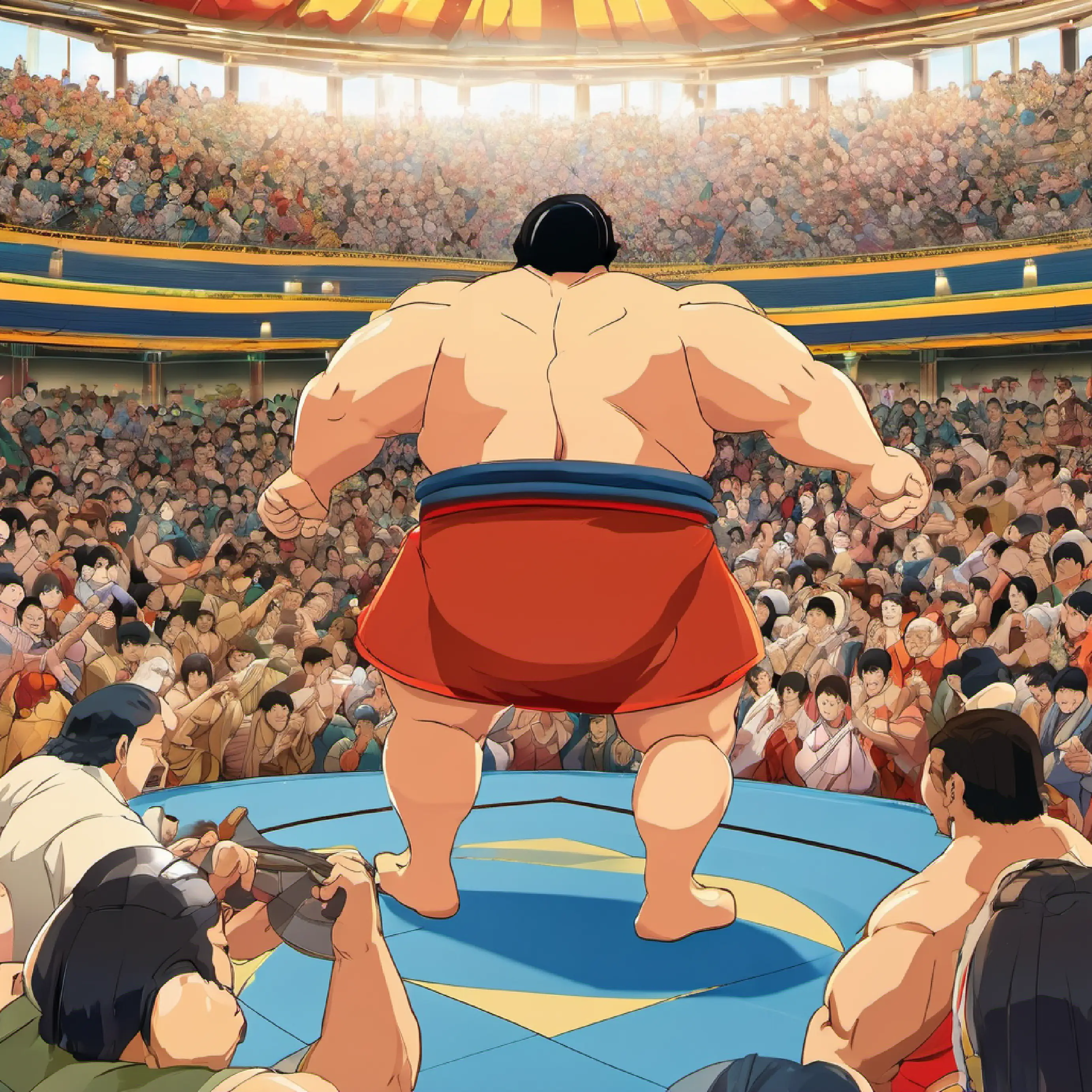 Sumo wrestling, huge wrestlers, cheering crowd