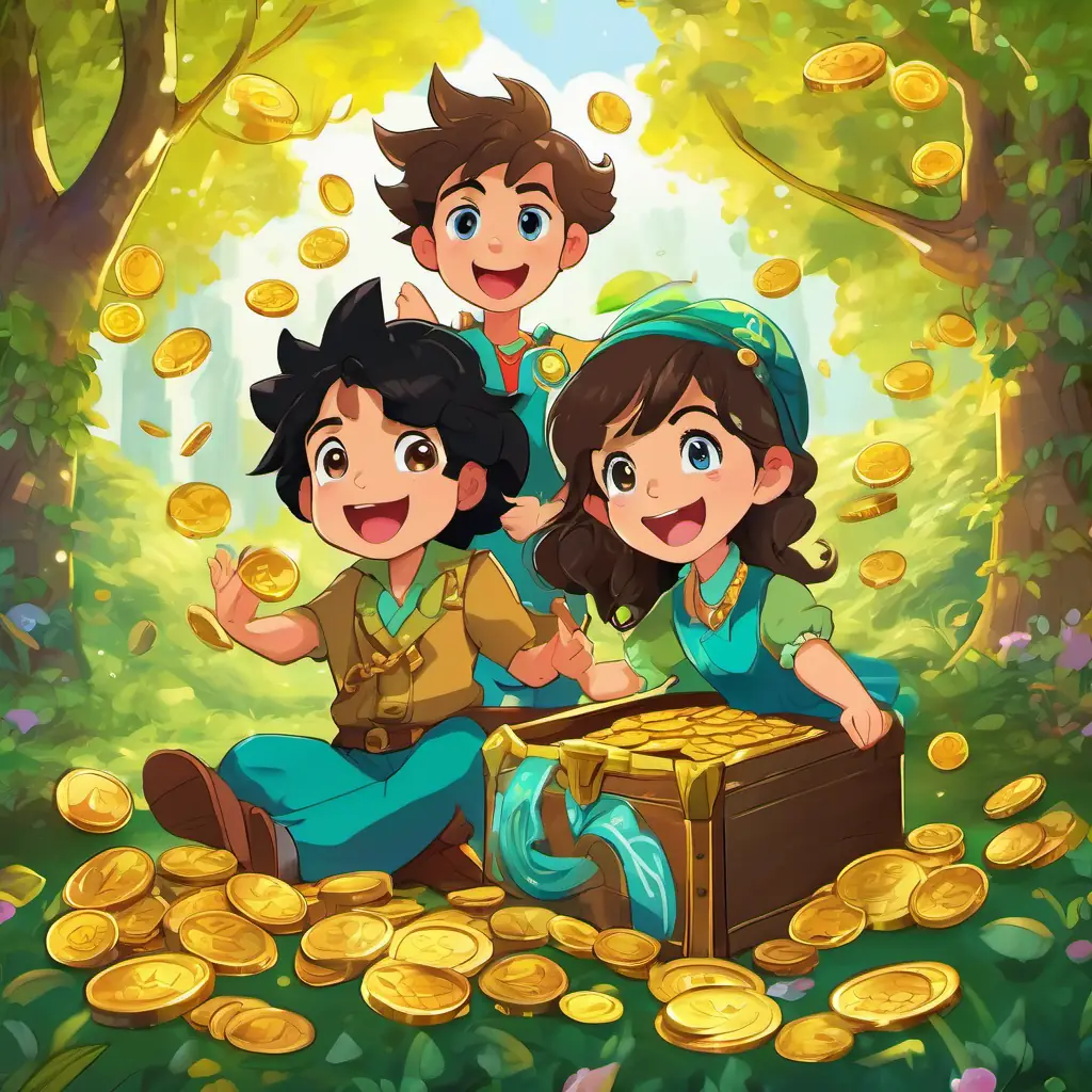 Lily has long, curly brown hair and bright blue eyes and Max has short, spiky black hair and mischievous green eyes find the hidden treasure, a chest filled with gold coins and precious gems. They are shown with expressions of awe and excitement. The people of Harmonyville are shown celebrating their return.