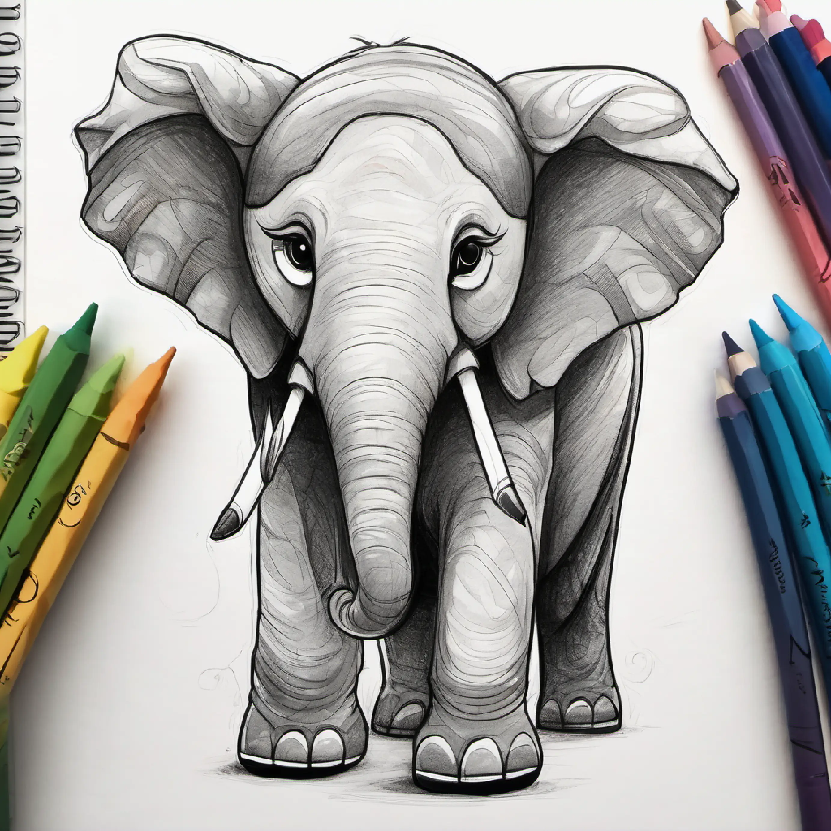 Descripción de Elefante gris, orejas grandes, ojos amables, piel suave y su personalidad amistosa.