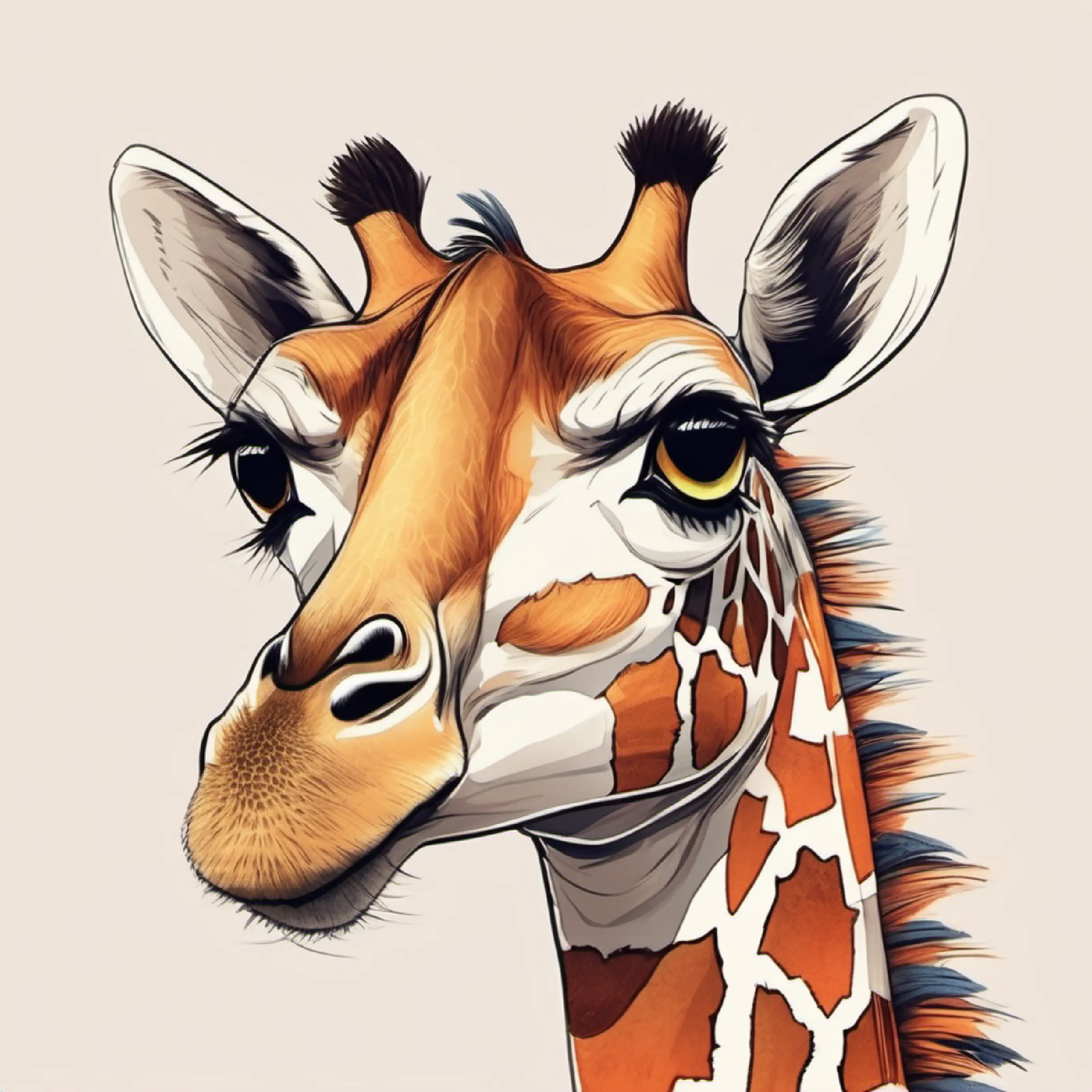 Descripción de Jirafa con cuello largo, manchas marrones, ojos curiosos, curioso y visionario.