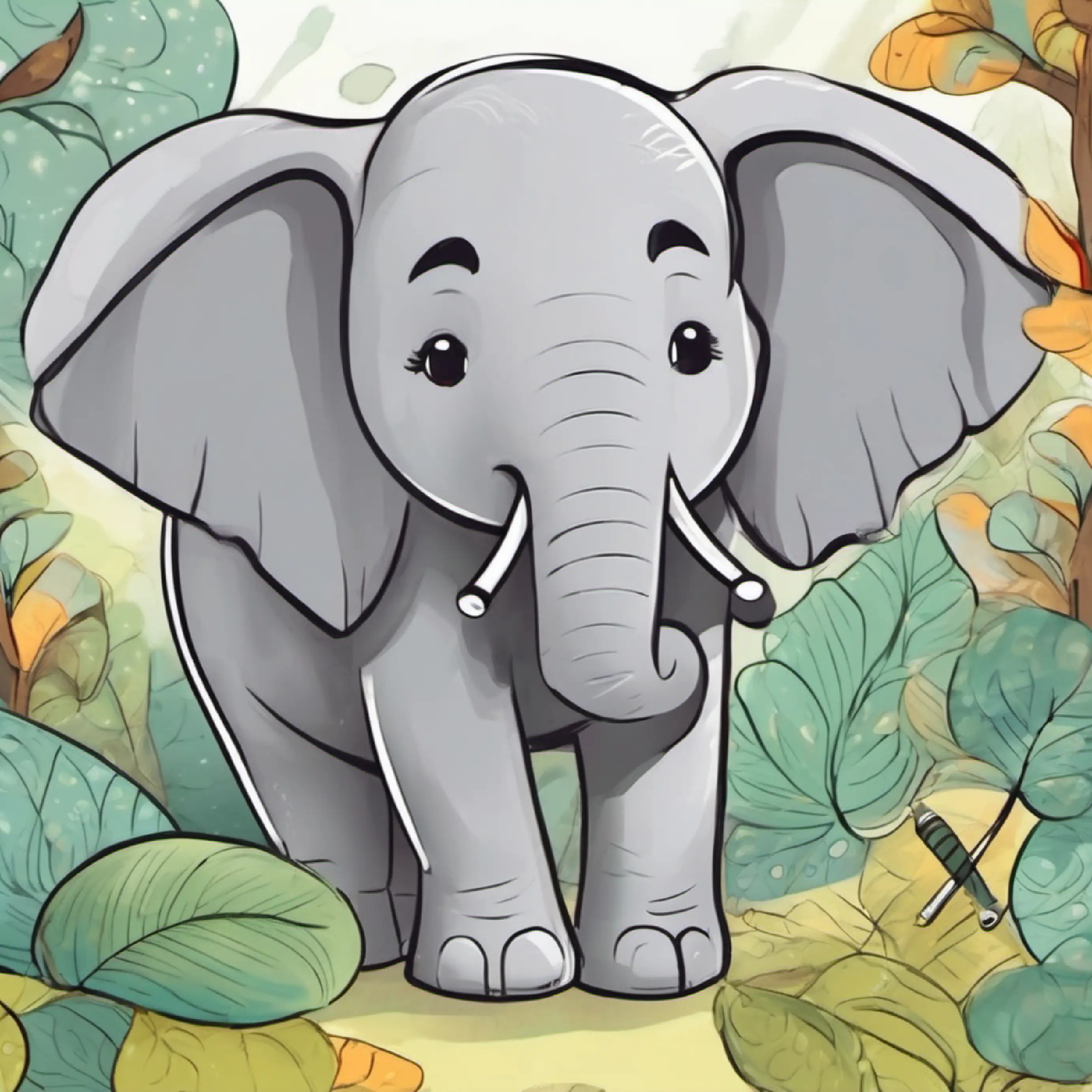 Elefante gris, orejas grandes, ojos amables, piel suave comparte su idea de la aventura.