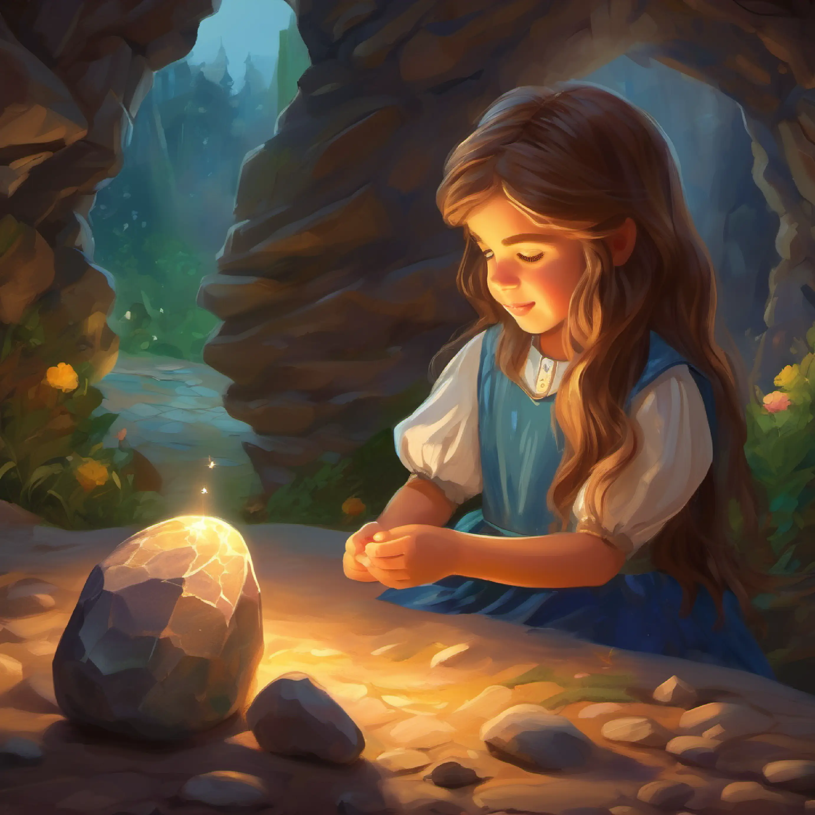 6-year-old with long hair and bright eyes discovers a magical stone and wishes to become a princess.