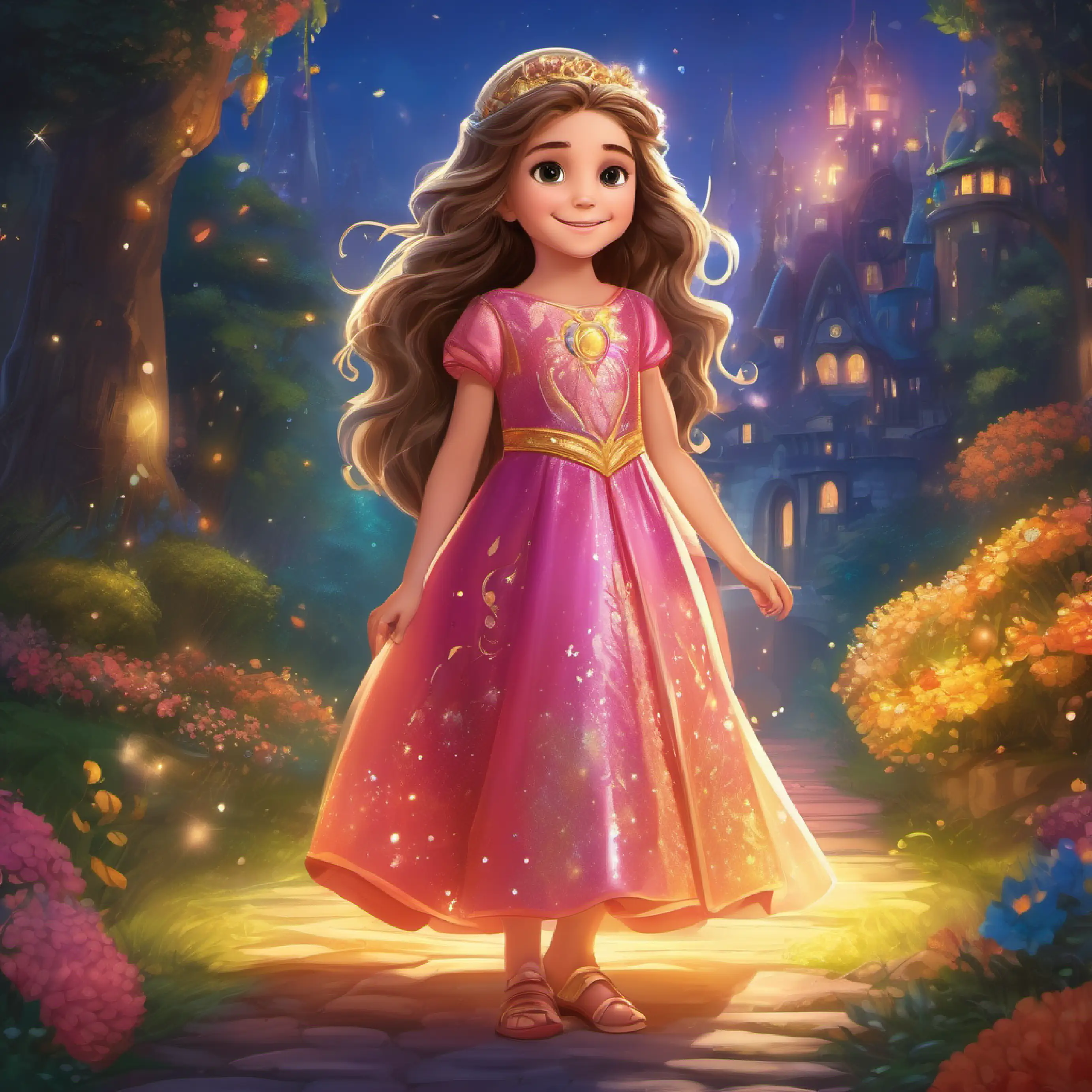 6-year-old with long hair and bright eyes transforms into Sparkling gown, 6-year-old with long hair and bright eyes's adventurous alter ego in a magical kingdom.