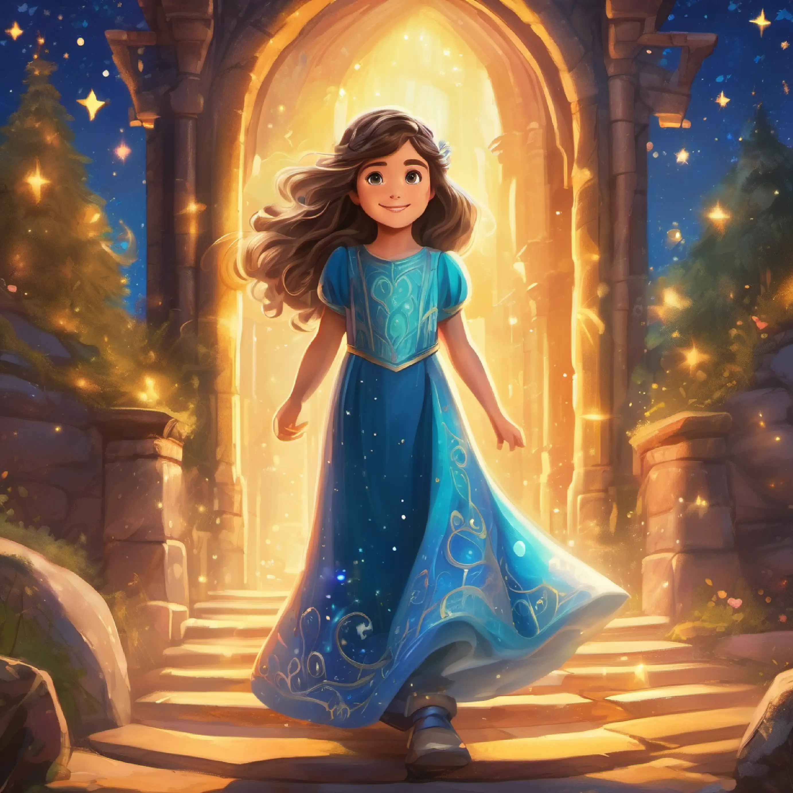 Sparkling gown, 6-year-old with long hair and bright eyes's adventurous alter ego's quest to restore the kingdom's stars begins.