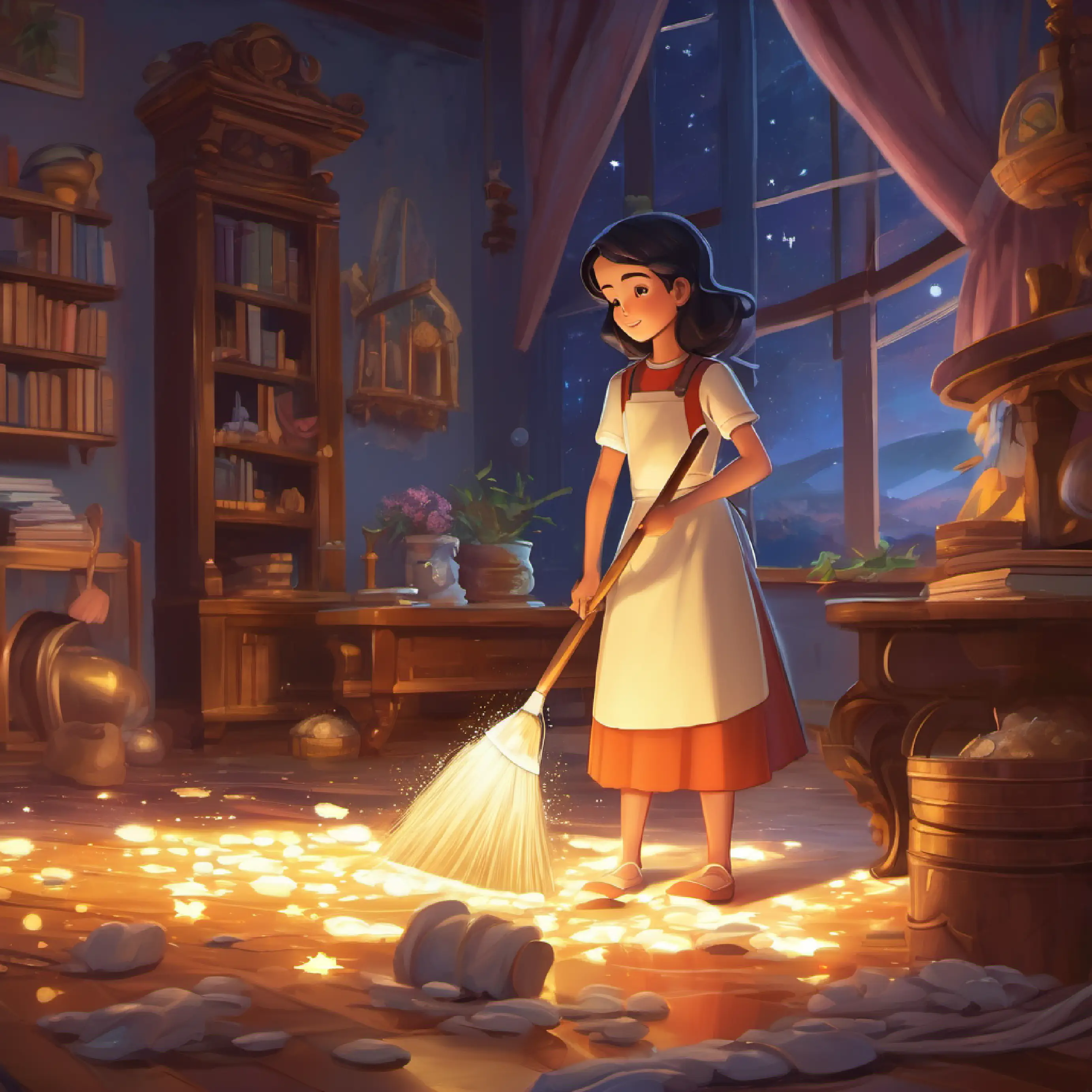 Vayana learns the importance of cleaning as she tidies the fallen stars.