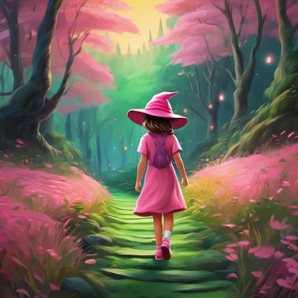 Brave little girl with a pink hat, curious green eyes in her pink hat, walking along a winding path towards the magical forest