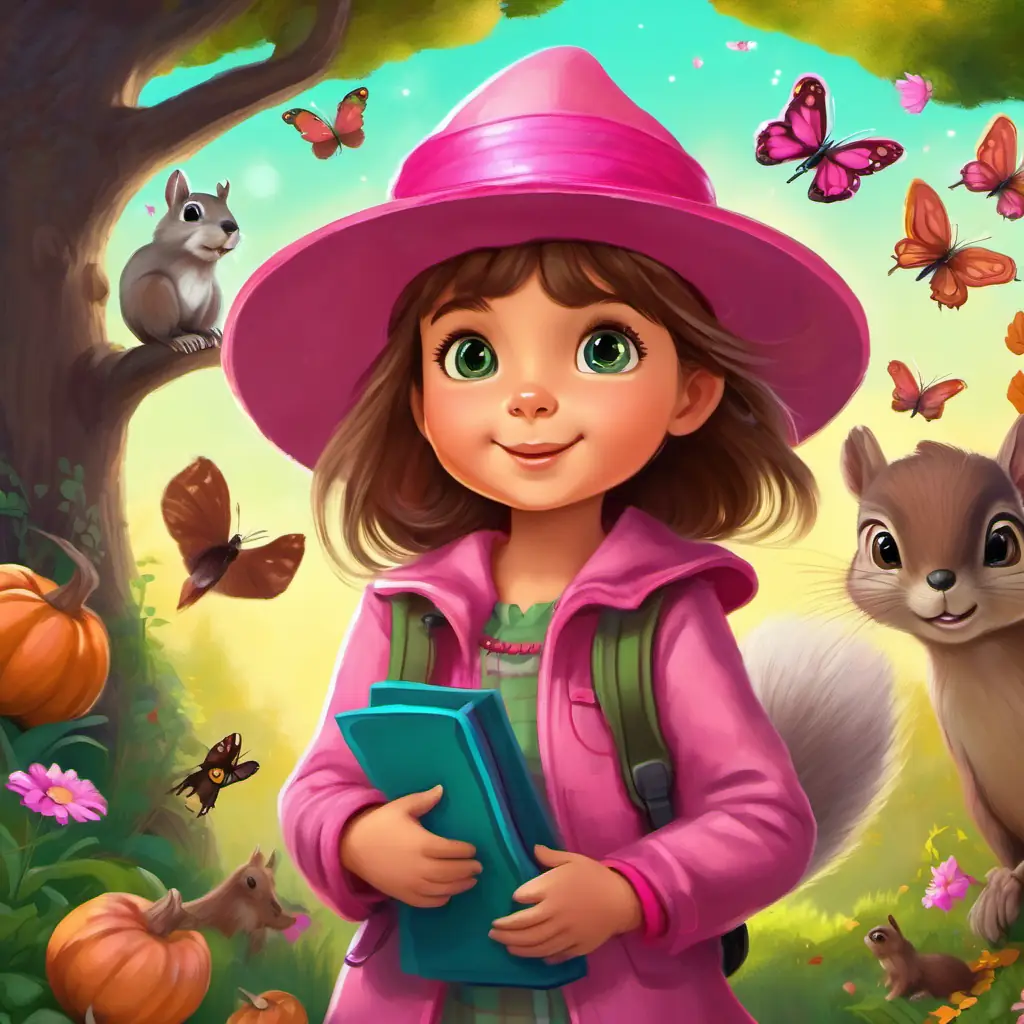 Brave little girl with a pink hat, curious green eyes with her pink hat, walking alongside Talking squirrel with soft brown fur, bright curious eyes the talking squirrel. Trees with colorful flowers and sparkling butterflies around them.