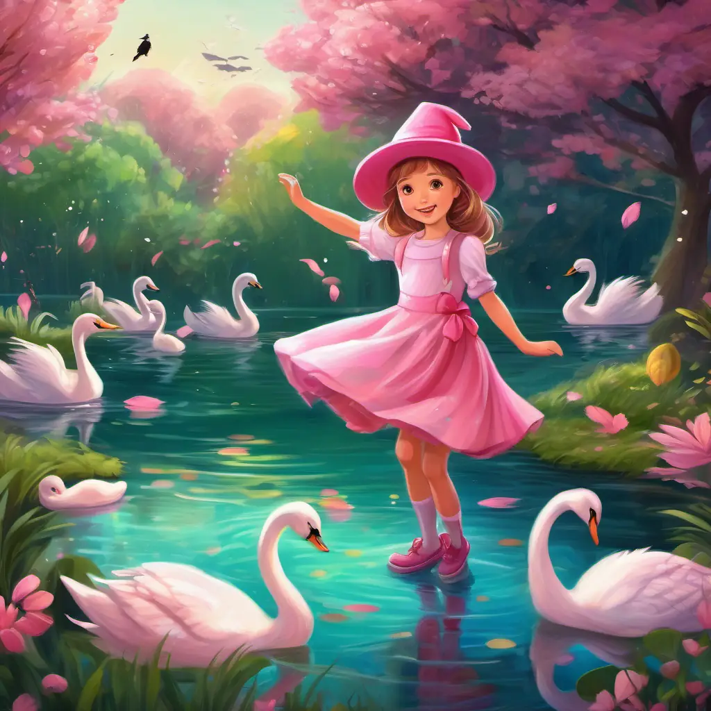 Brave little girl with a pink hat, curious green eyes in her pink hat, twirling and dancing around the pond, surrounded by shimmering fish and graceful swans