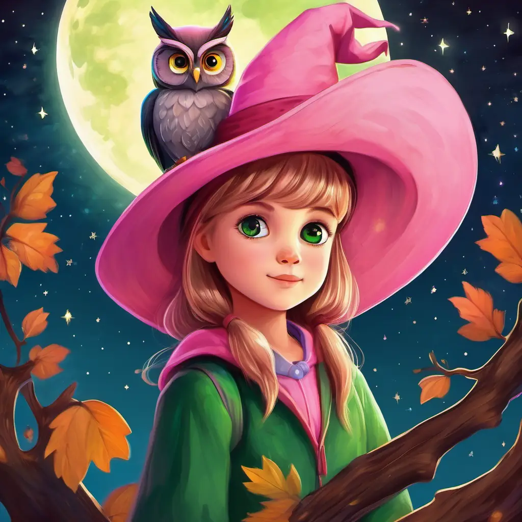 Brave little girl with a pink hat, curious green eyes with her pink hat, looking up at the wise old owl perched on a branch. Moon and stars shining brightly in the night sky.