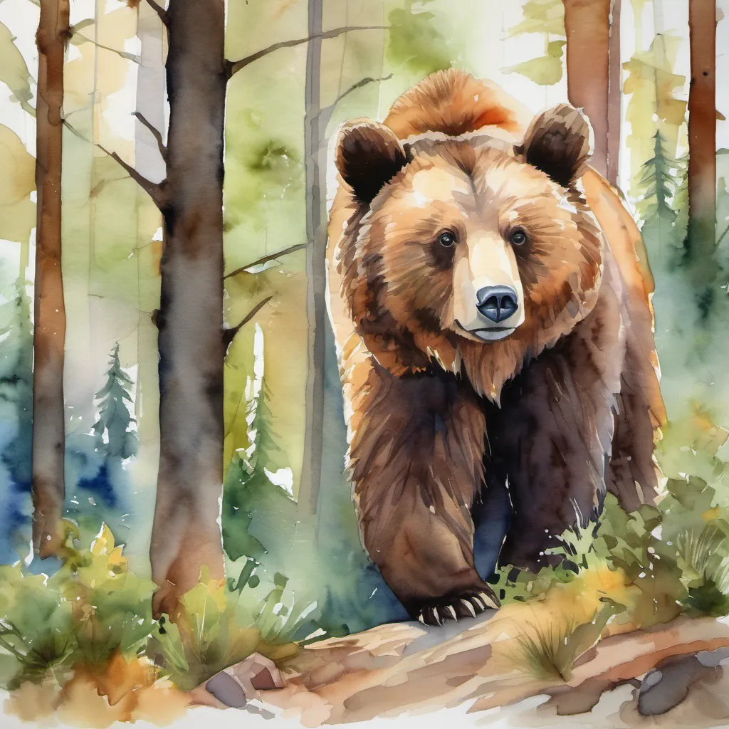 An adorable bear with soft brown fur standing in a vibrant, bustling forest.