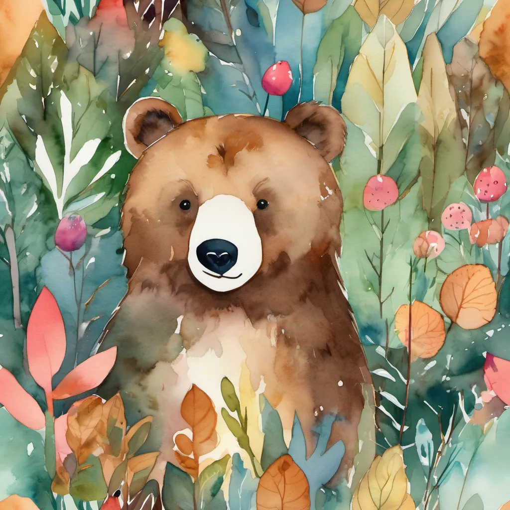 Benny the bear curiously peeking through colorful forest foliage.