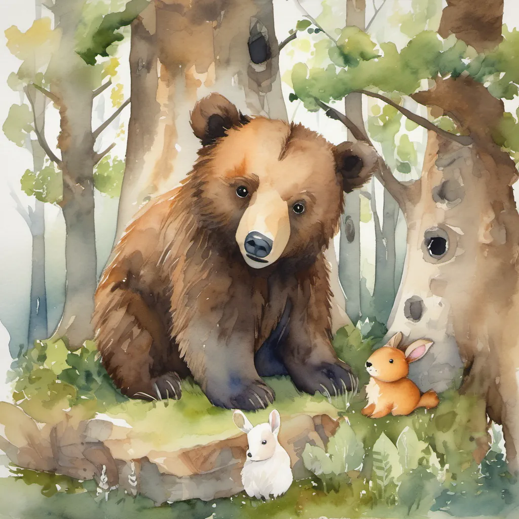 Benny the bear discovering a small bunny under an old oak tree.