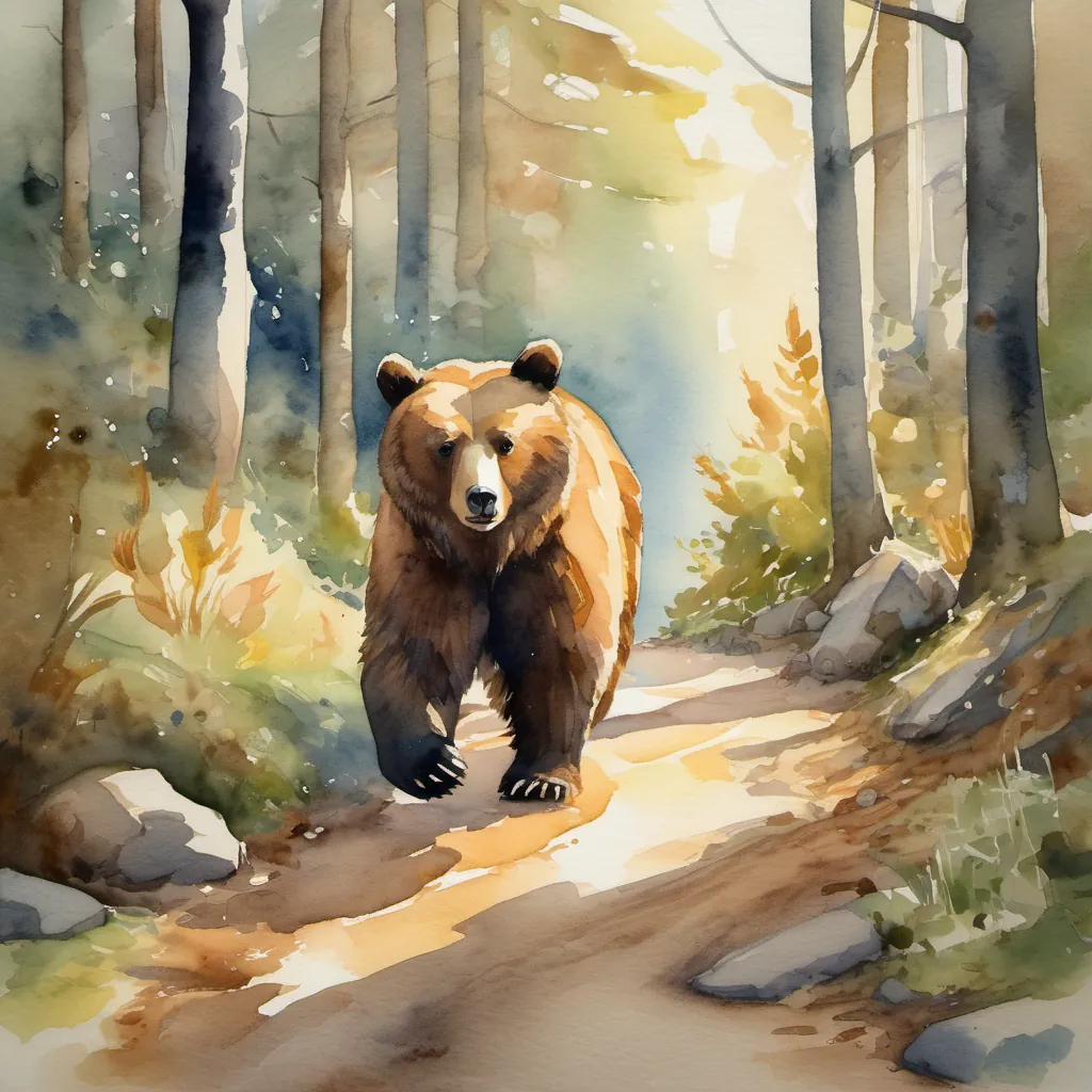 Benny the bear and the bunny walking along a sunlit forest path.