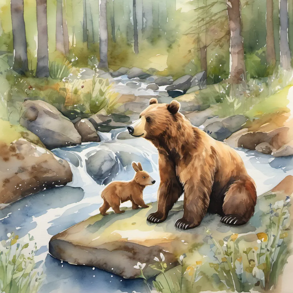 Benny the bear carrying the bunny across a small brook.