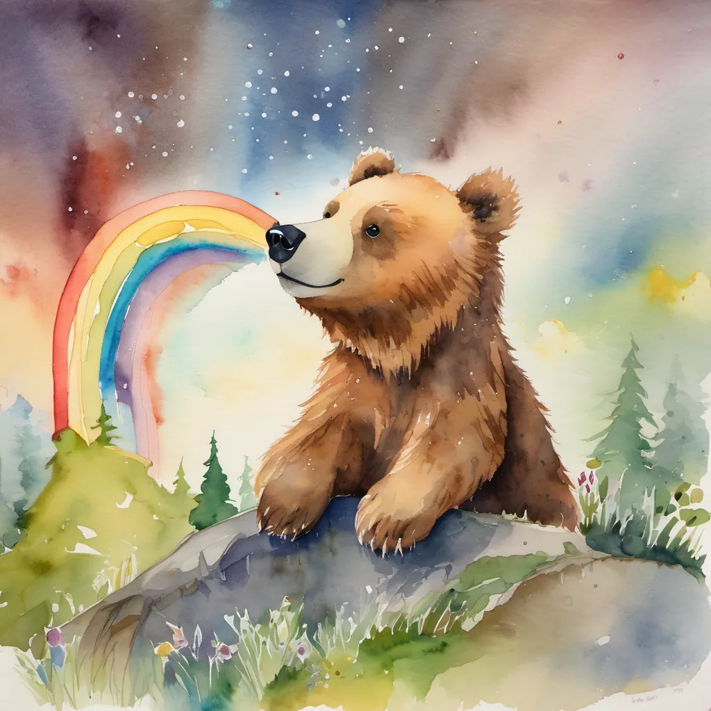 Benny pointing at a bright rainbow arching across the sky.