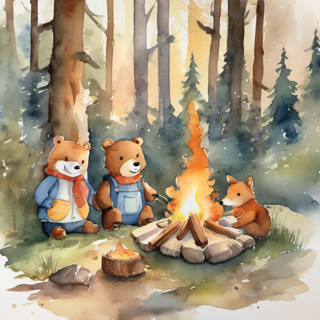 The trio Benny, the bunny and the fox laughing and sharing stories around a cozy campfire.