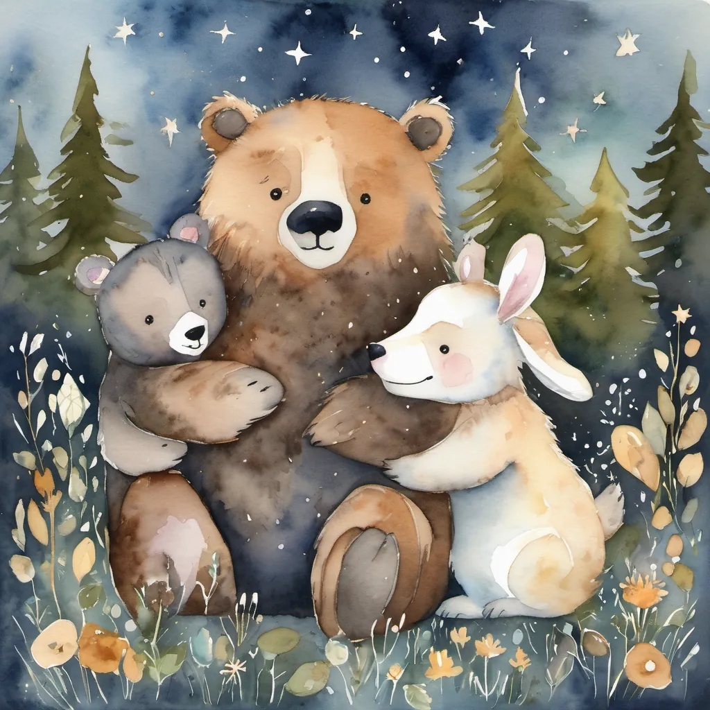 The three friends Benny the bear, the bunny and the fox snuggling under a starry night sky.