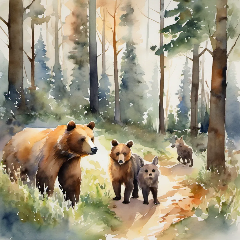 The trio Benny the bear, the bunny and the fox walking back home through the forest, with the dawn light streaming through the trees.