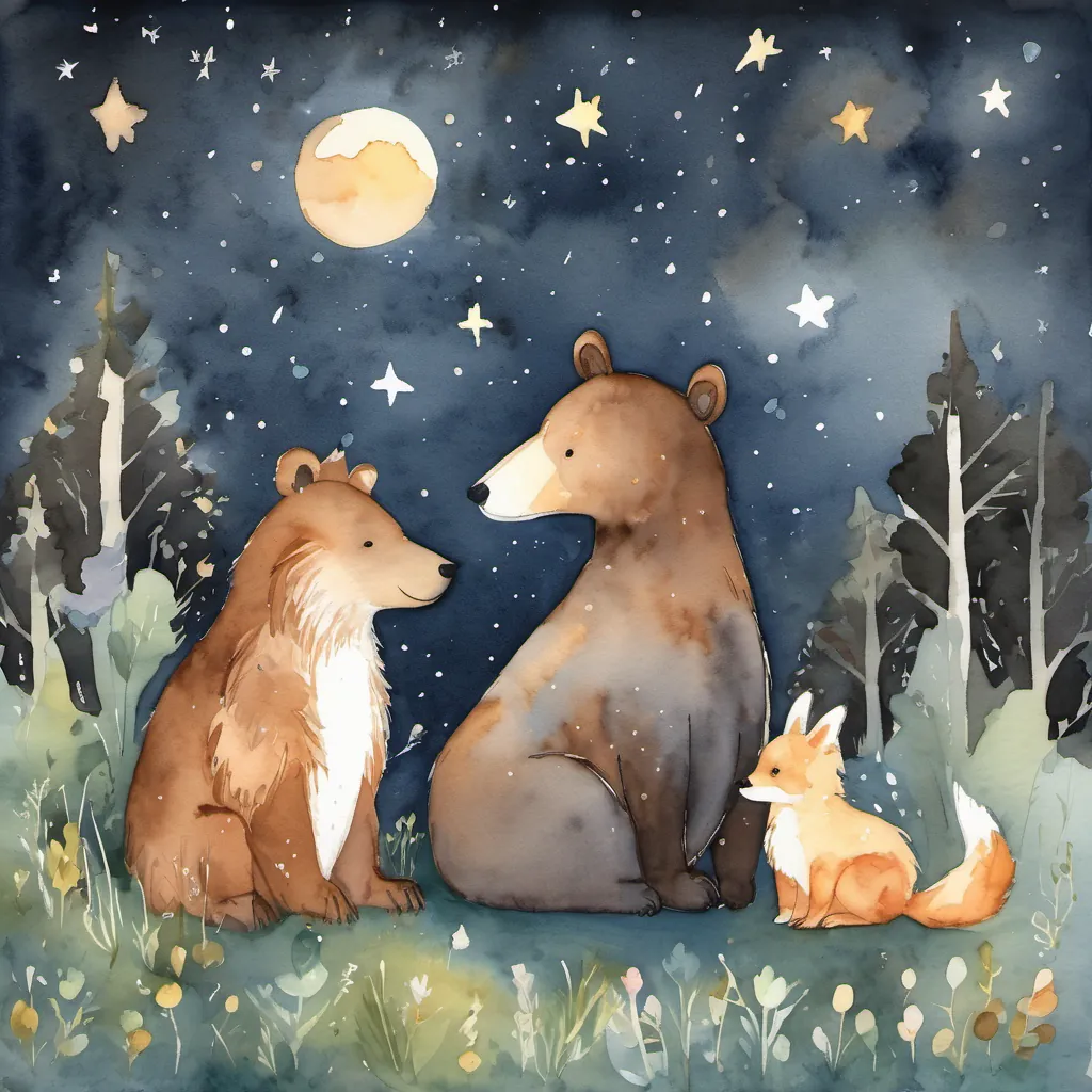 Benny, the bunny, and the fox resting together under a starlit sky.