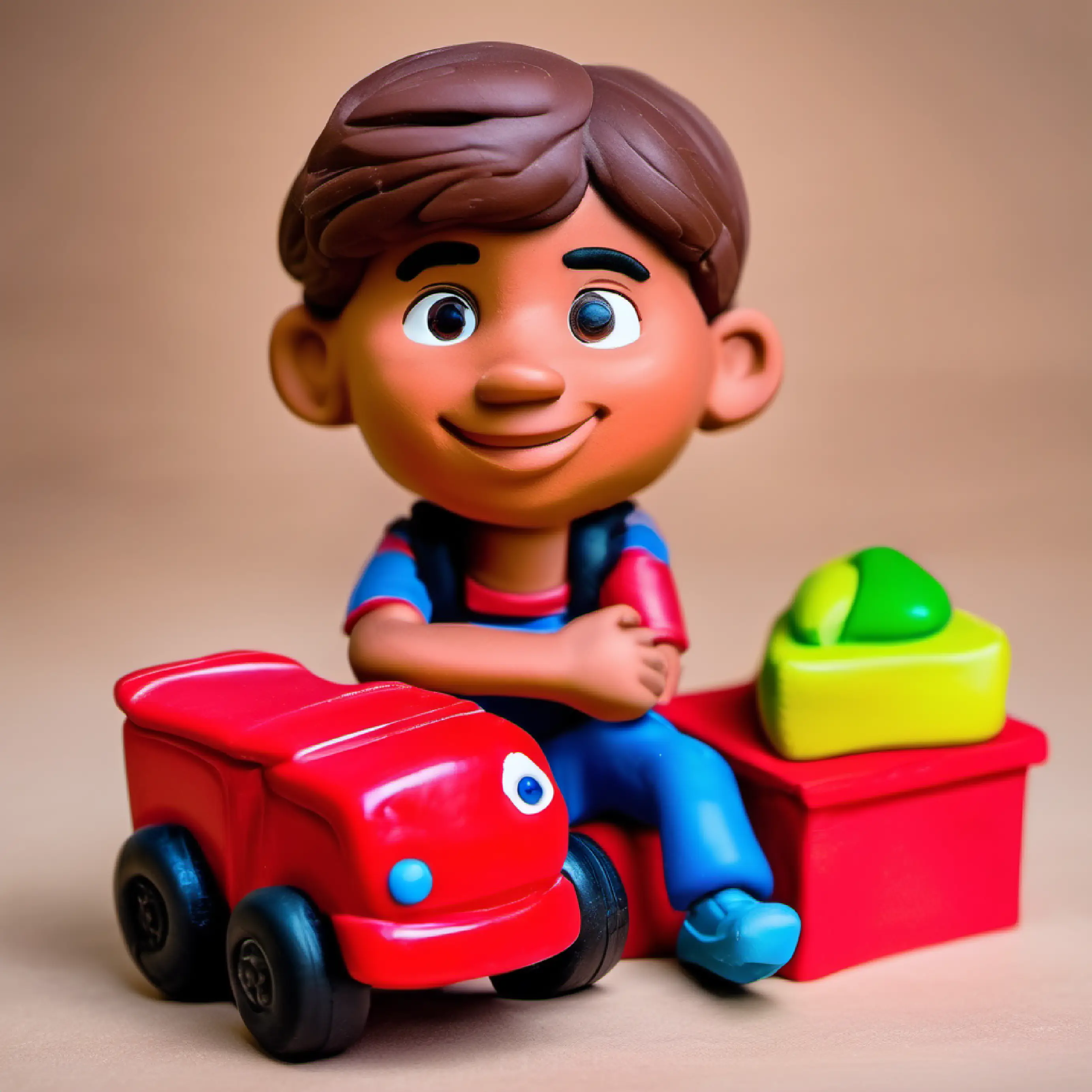 A young boy with tanned skin, brown eyes, and a daring spirit playing with his red toy truck, happy and content.