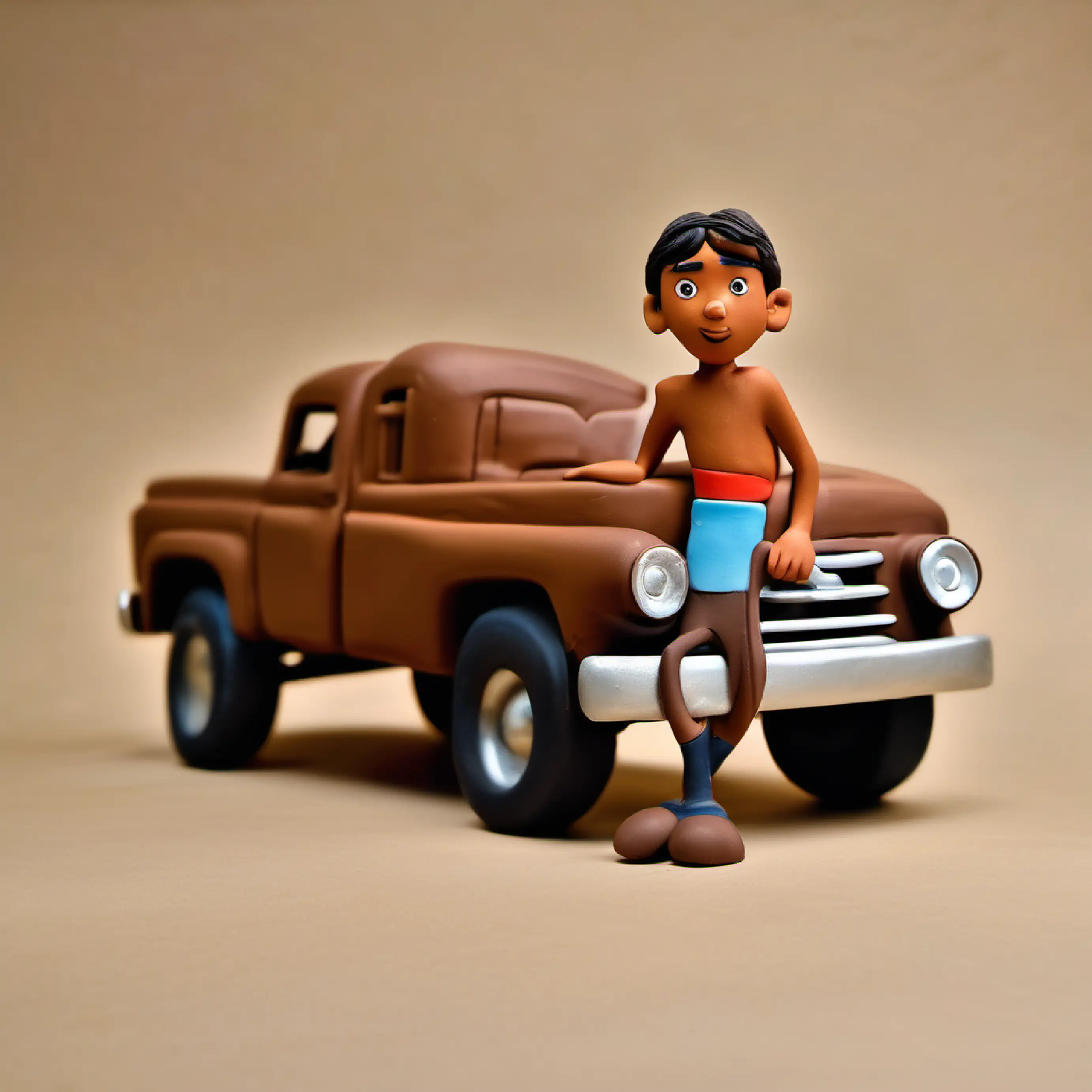 A young boy with tanned skin, brown eyes, and a daring spirit excitedly looking forward to playing with his truck.