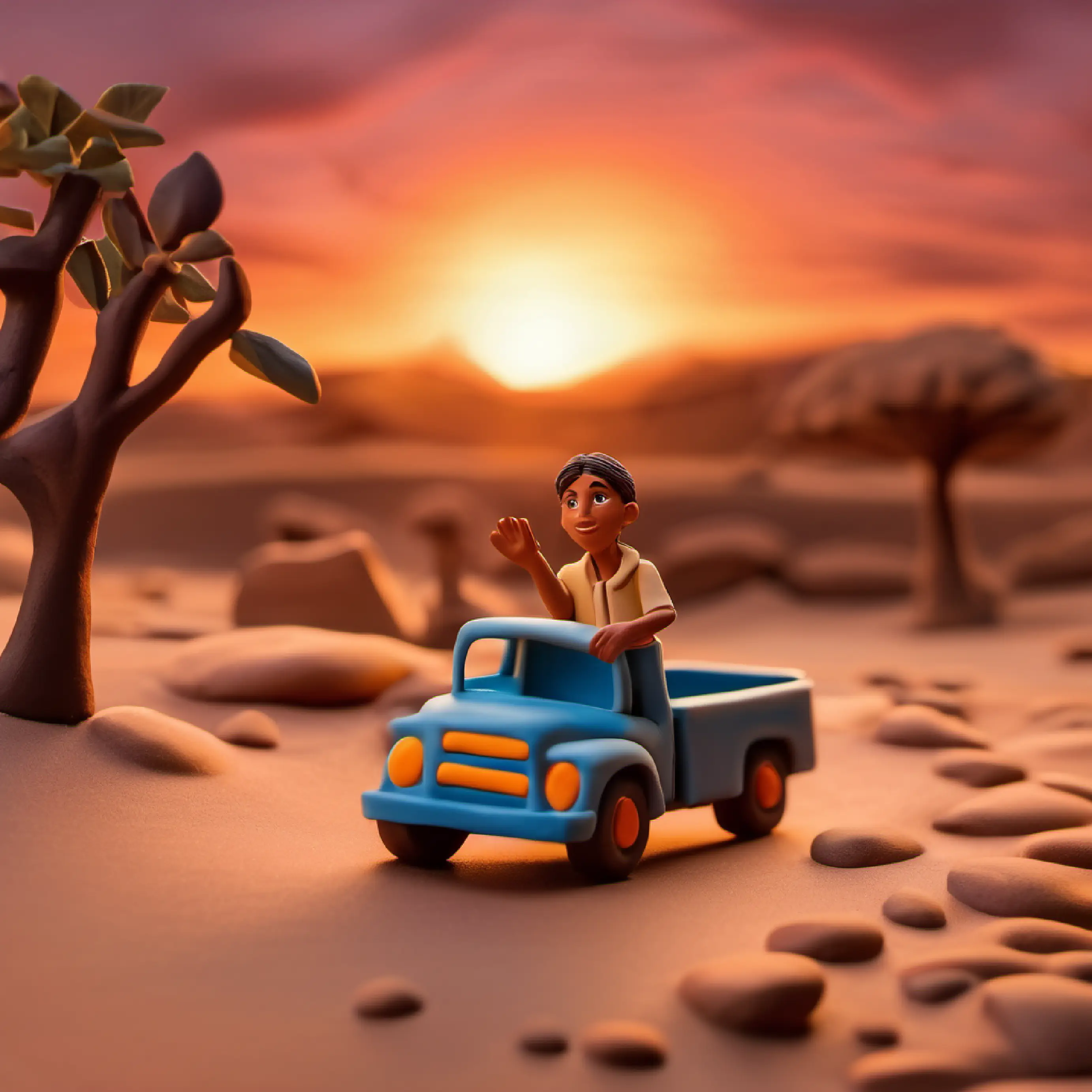 Sunset with A young boy with tanned skin, brown eyes, and a daring spirit acknowledging the truck's signal to return.