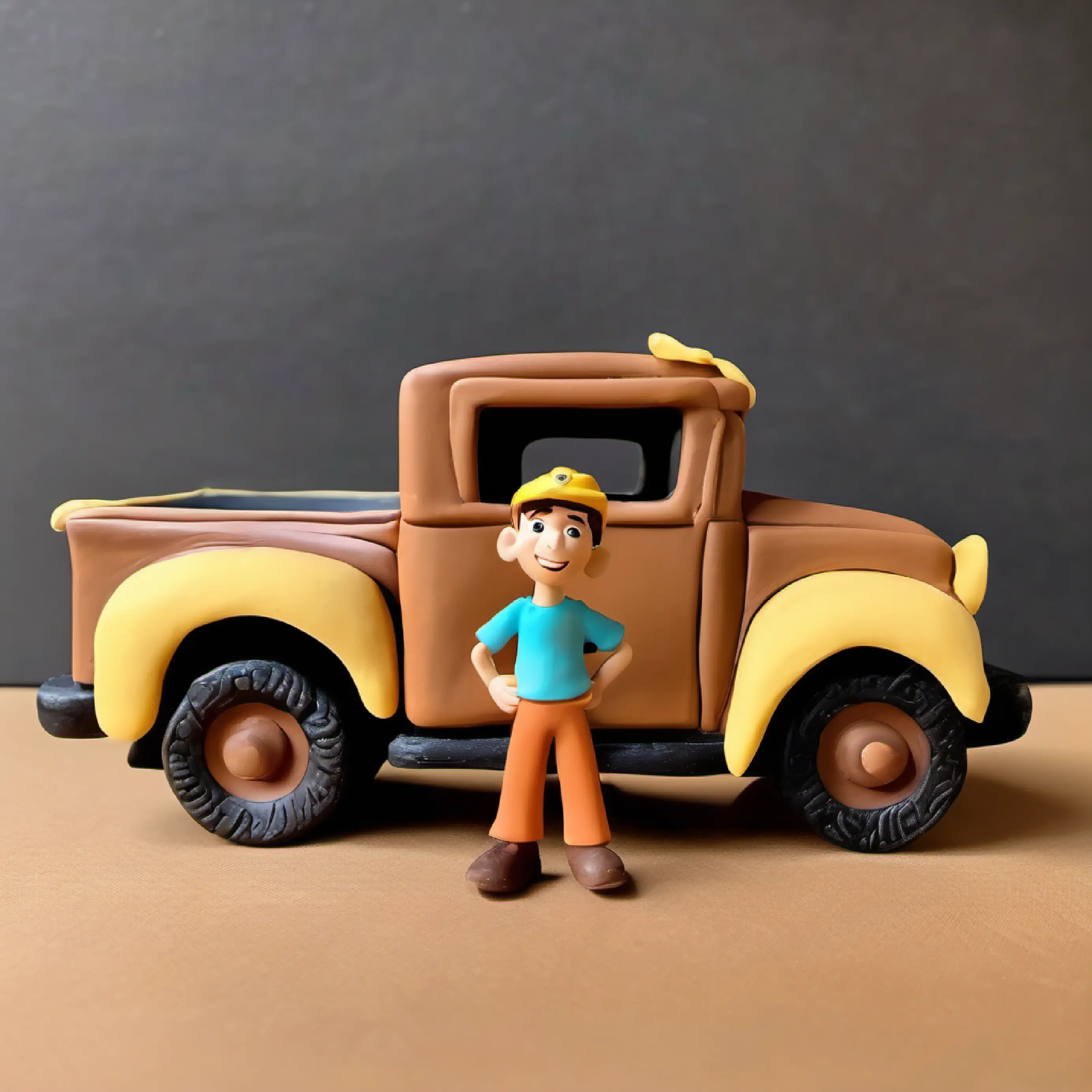 The truck returns to toy size, repaired, with A young boy with tanned skin, brown eyes, and a daring spirit happily surprised.