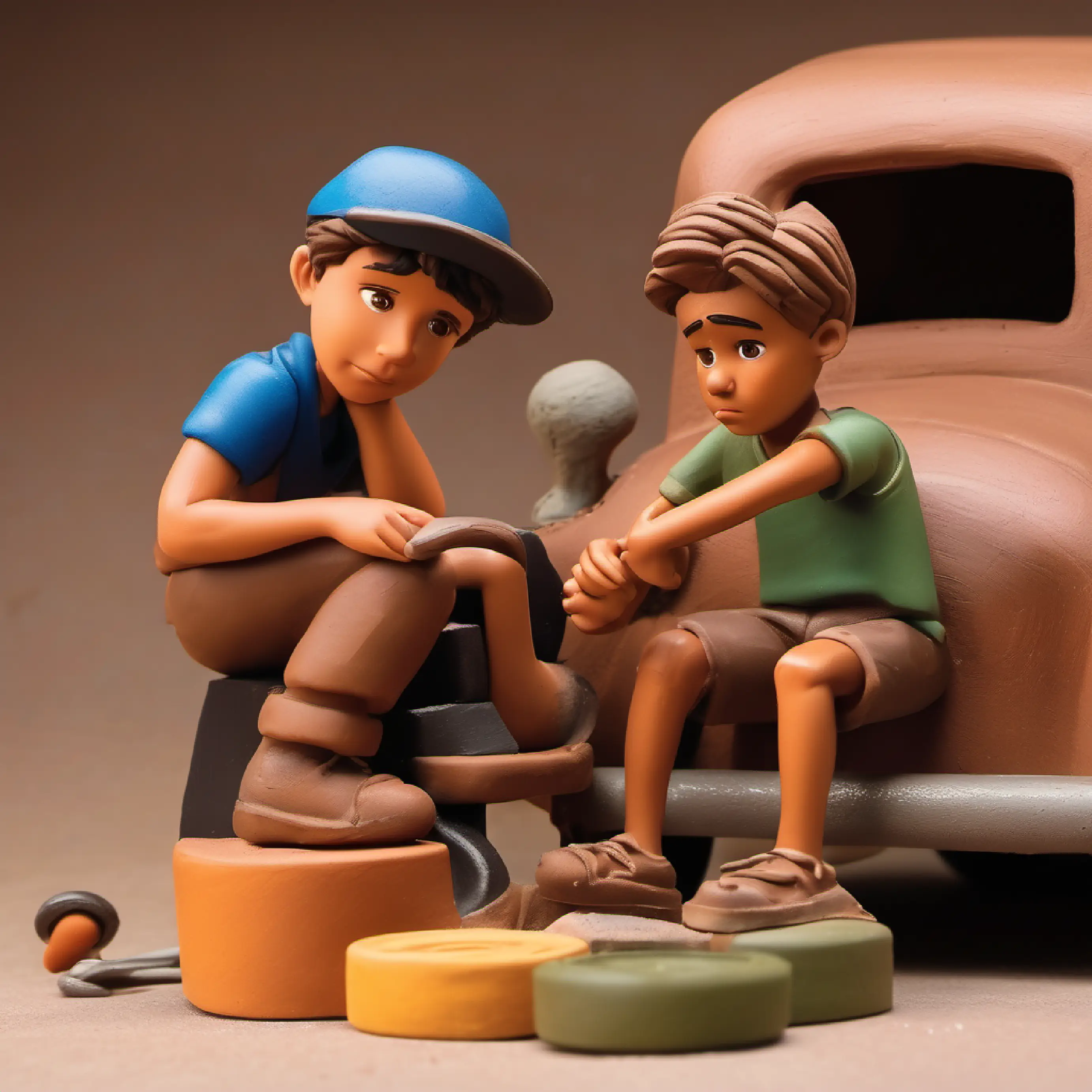 Wheel comes off the truck, A young boy with tanned skin, brown eyes, and a daring spirit looks sad and attempts repair.