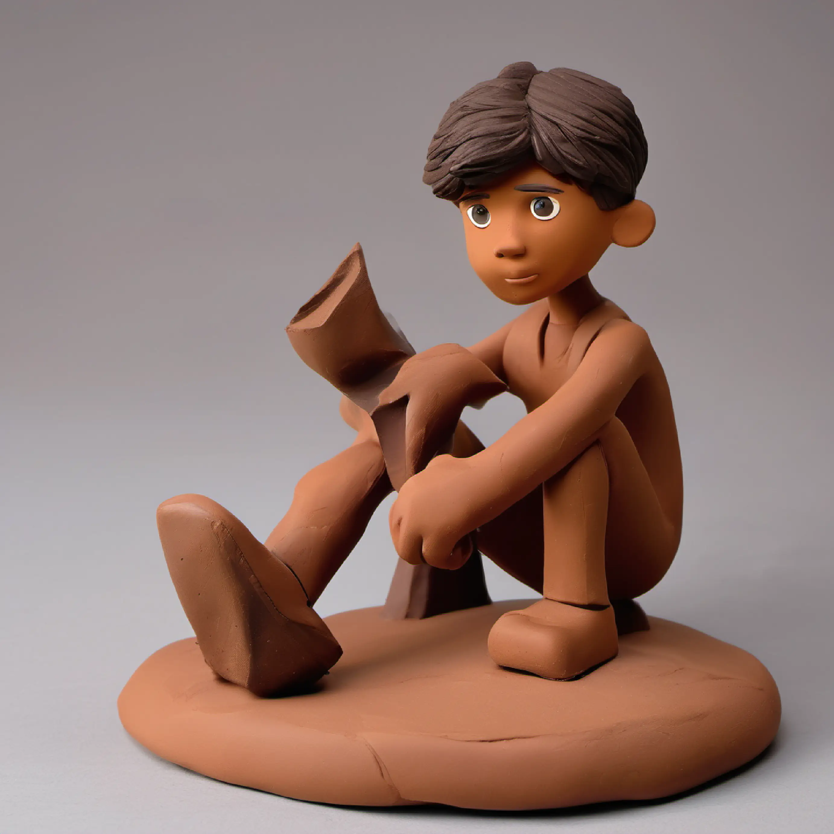 A young boy with tanned skin, brown eyes, and a daring spirit regards his broken toy with a sense of loss.