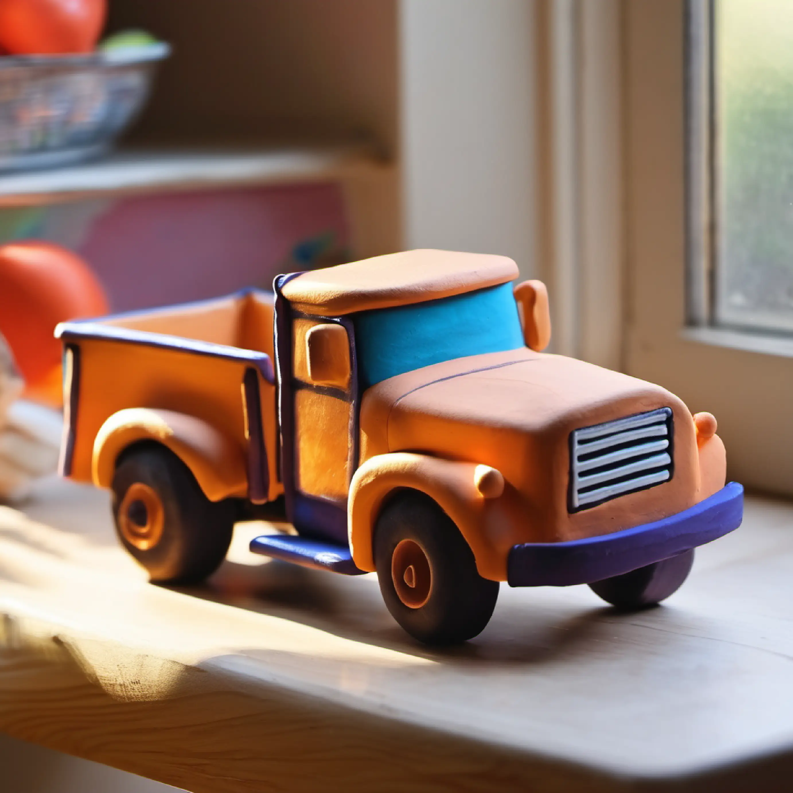 Morning light reveals a real truck replaced the toy truck.