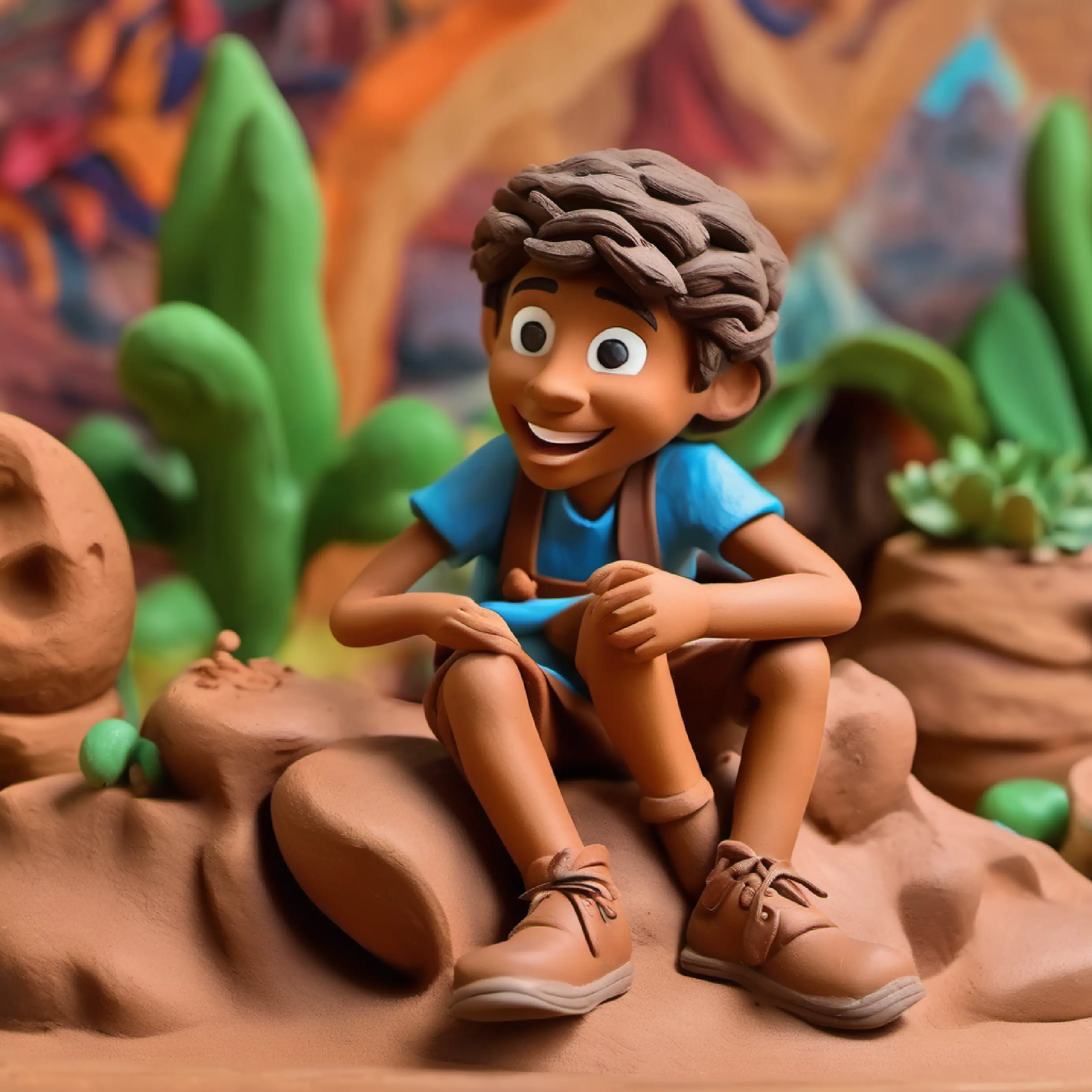 A young boy with tanned skin, brown eyes, and a daring spirit journeying through different places, laughing and having fun.