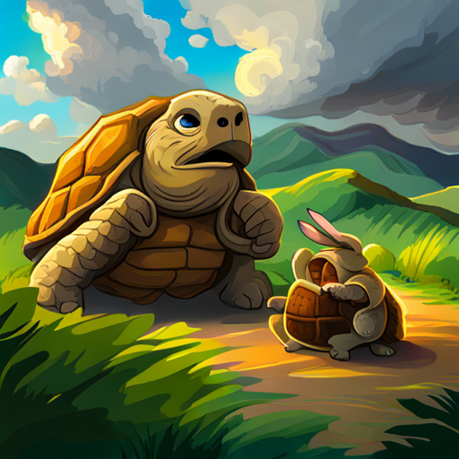 Tortoise - Slow, patient, green shell and Rabbit - Fast, energetic, brown fur talking with an angry expression