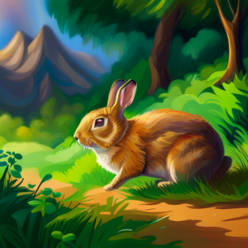 Rabbit - Fast, energetic, brown fur running very fast, Tortoise - Slow, patient, green shell far behind