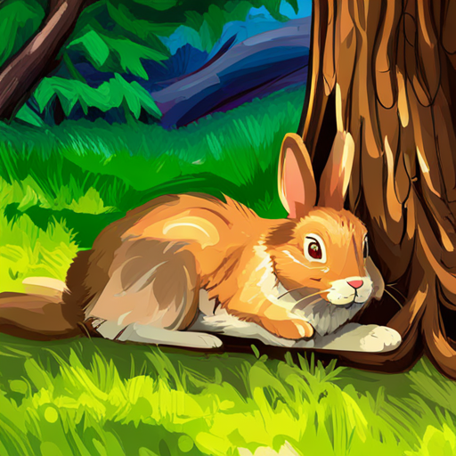 Rabbit - Fast, energetic, brown fur sleeping under a tree