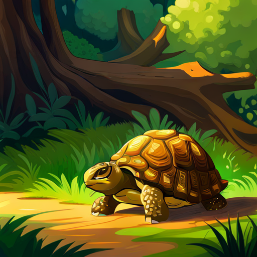 Tortoise - Slow, patient, green shell walking slowly past Rabbit - Fast, energetic, brown fur sleeping