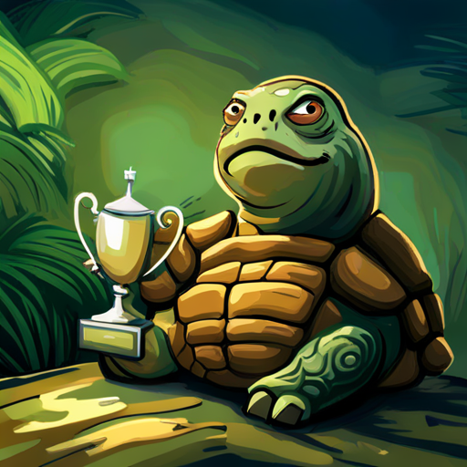 Tortoise - Slow, patient, green shell celebrating with a trophy