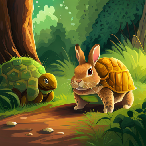 Rabbit - Fast, energetic, brown fur apologizing to the Tortoise - Slow, patient, green shell with a sad face