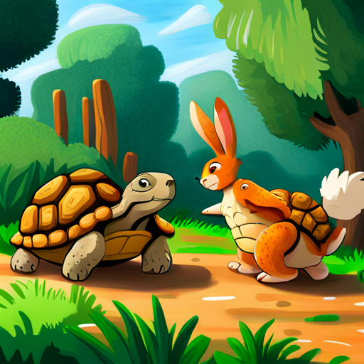 Tortoise - Slow, patient, green shell and Rabbit - Fast, energetic, brown fur happily playing together
